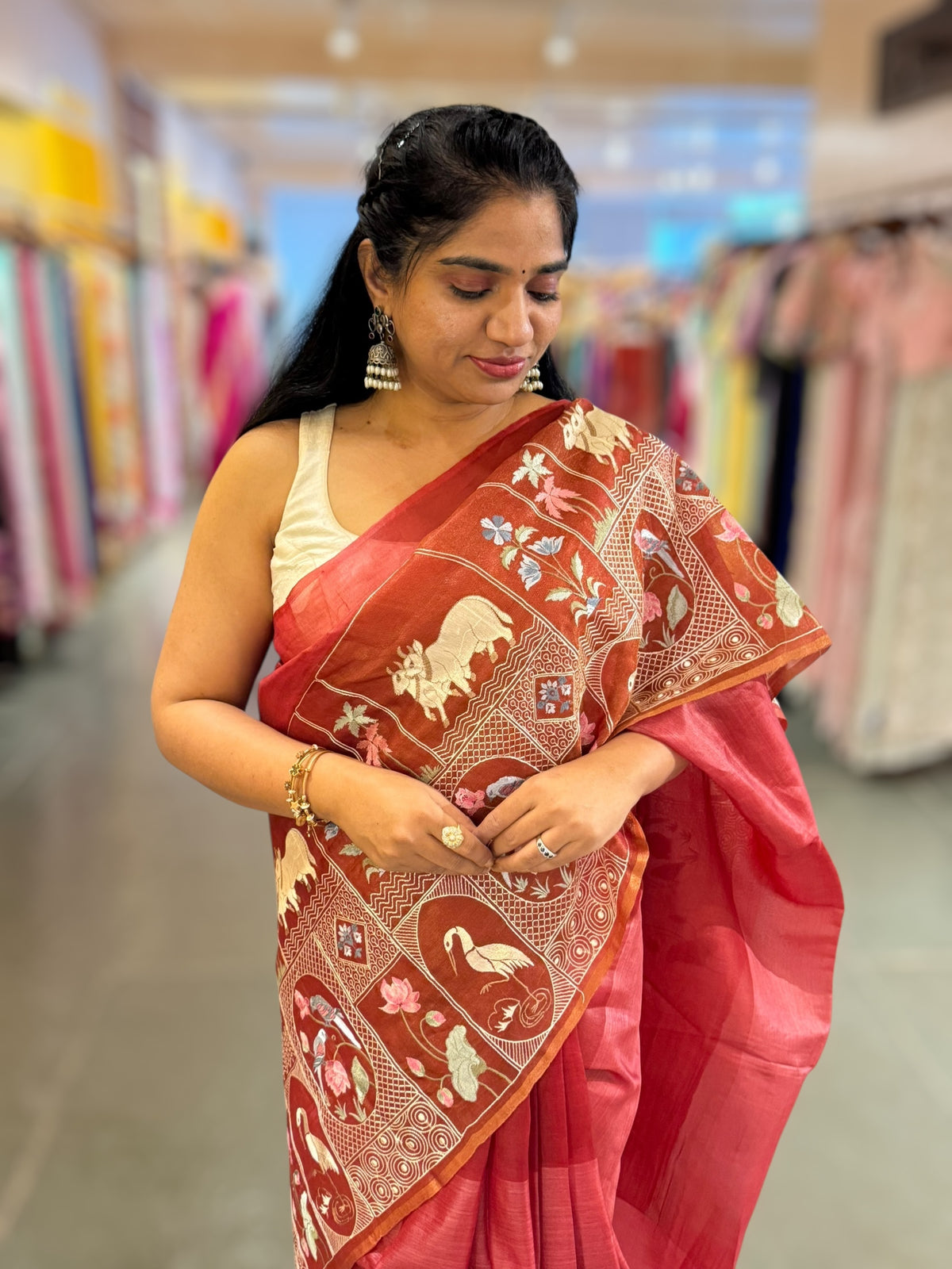 Rust Red/ Brick Red Kora-Tussar blend Handloom Saree with Tissue embroidered Skirt Border