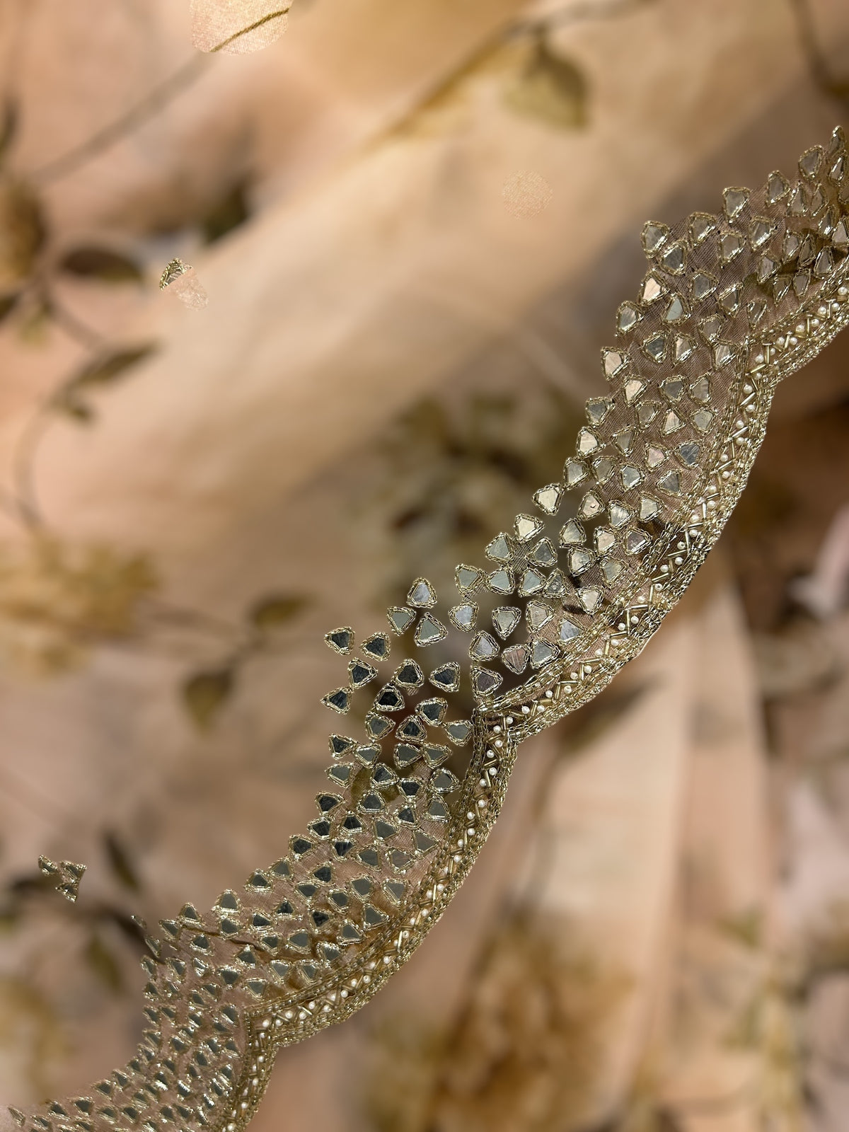 Peach Organza floral Printed Saree with mirrorwork handwork scalloped Border
