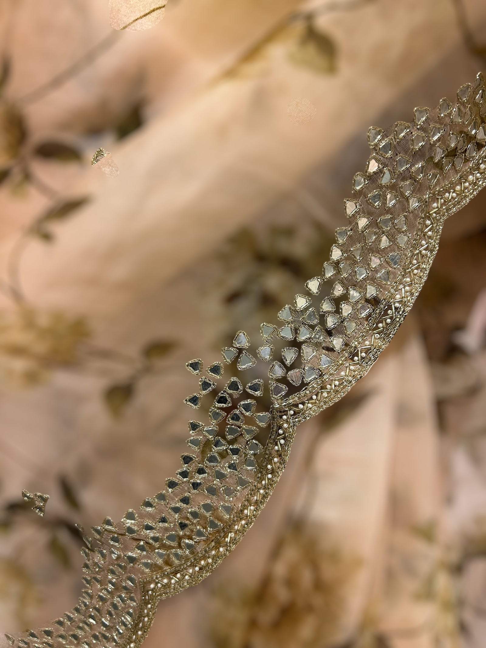 Peach Organza floral Printed Saree with mirrorwork handwork scalloped Border