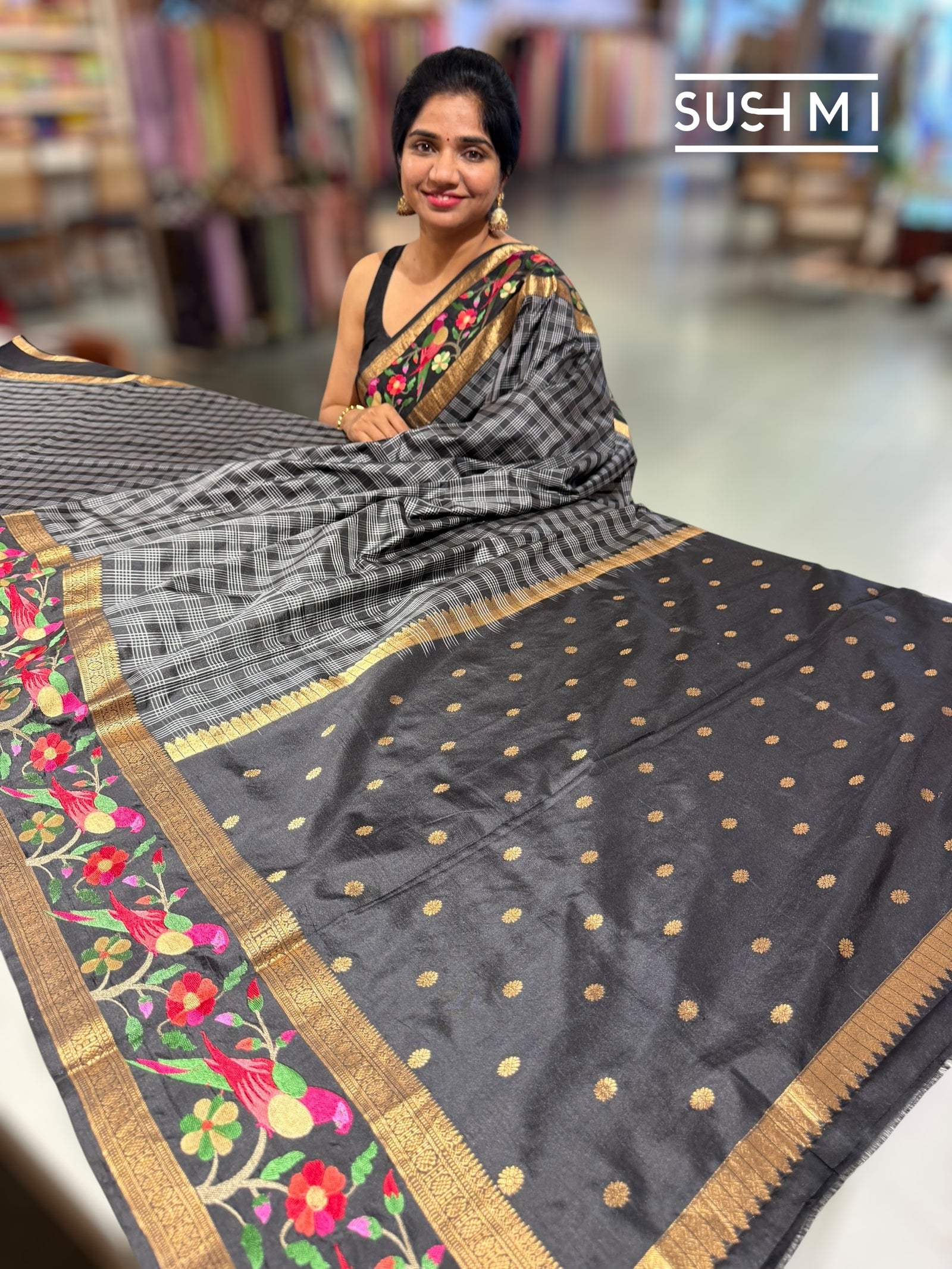 Black Vintage checks Kanjeevaram soft silk saree with embroidery D62F042