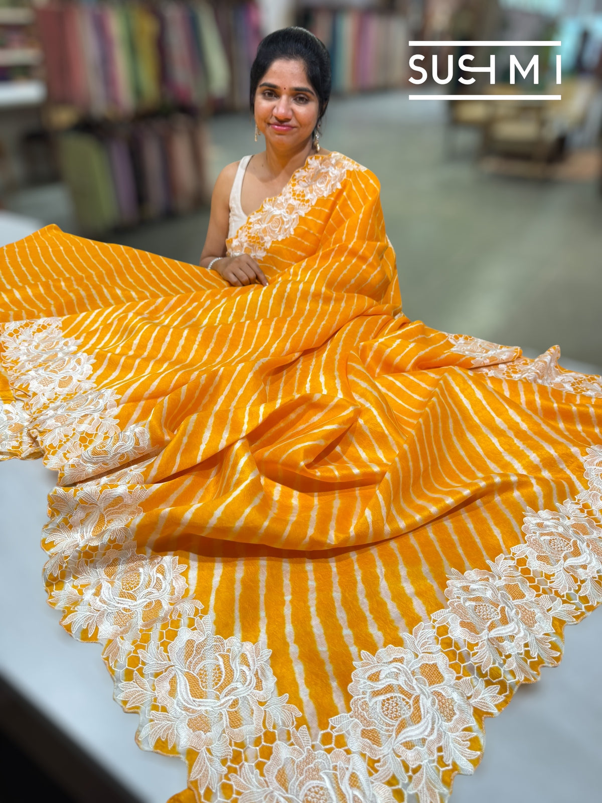 Marigold Orange  habutai  Silk lehariya Saree S62F067
