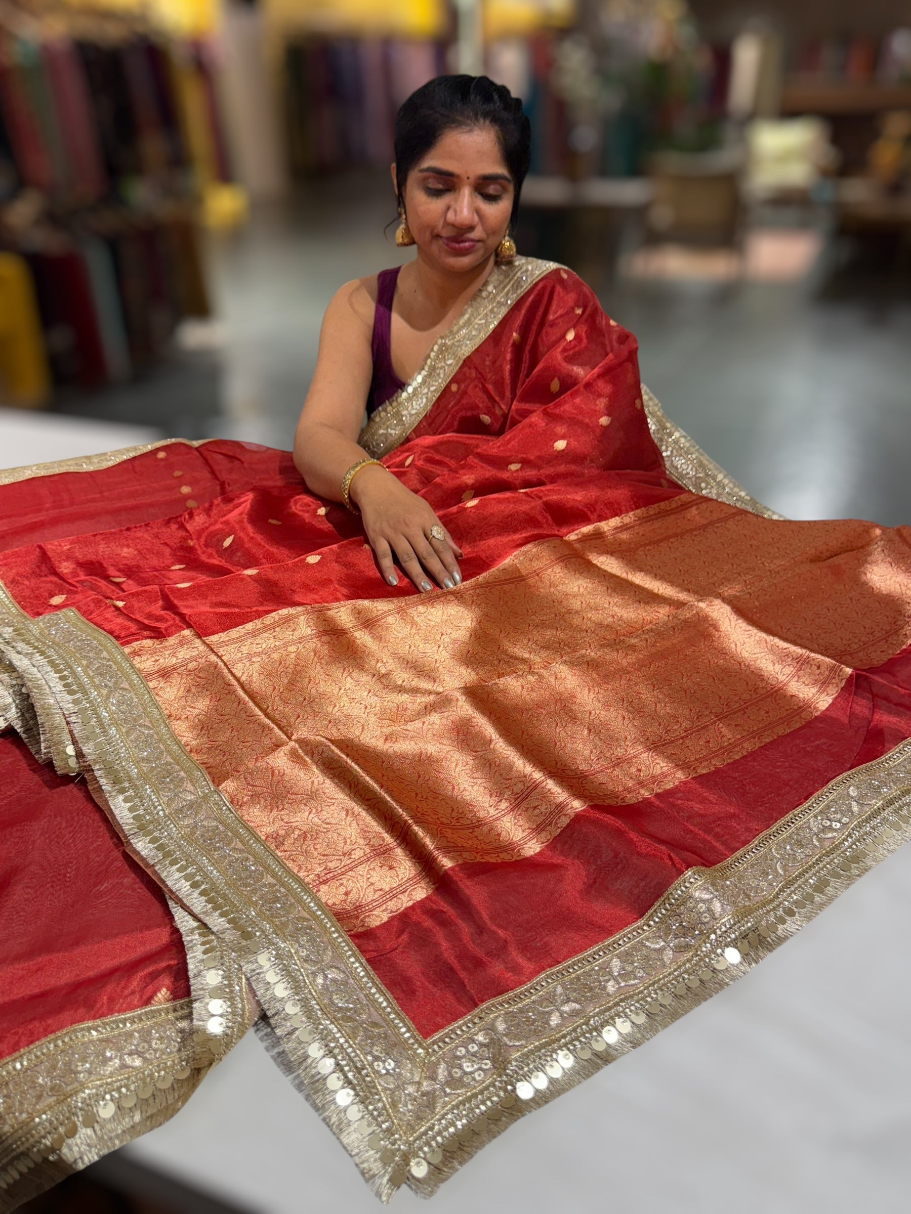 Red Pure handloom Banarasi Tissue saree