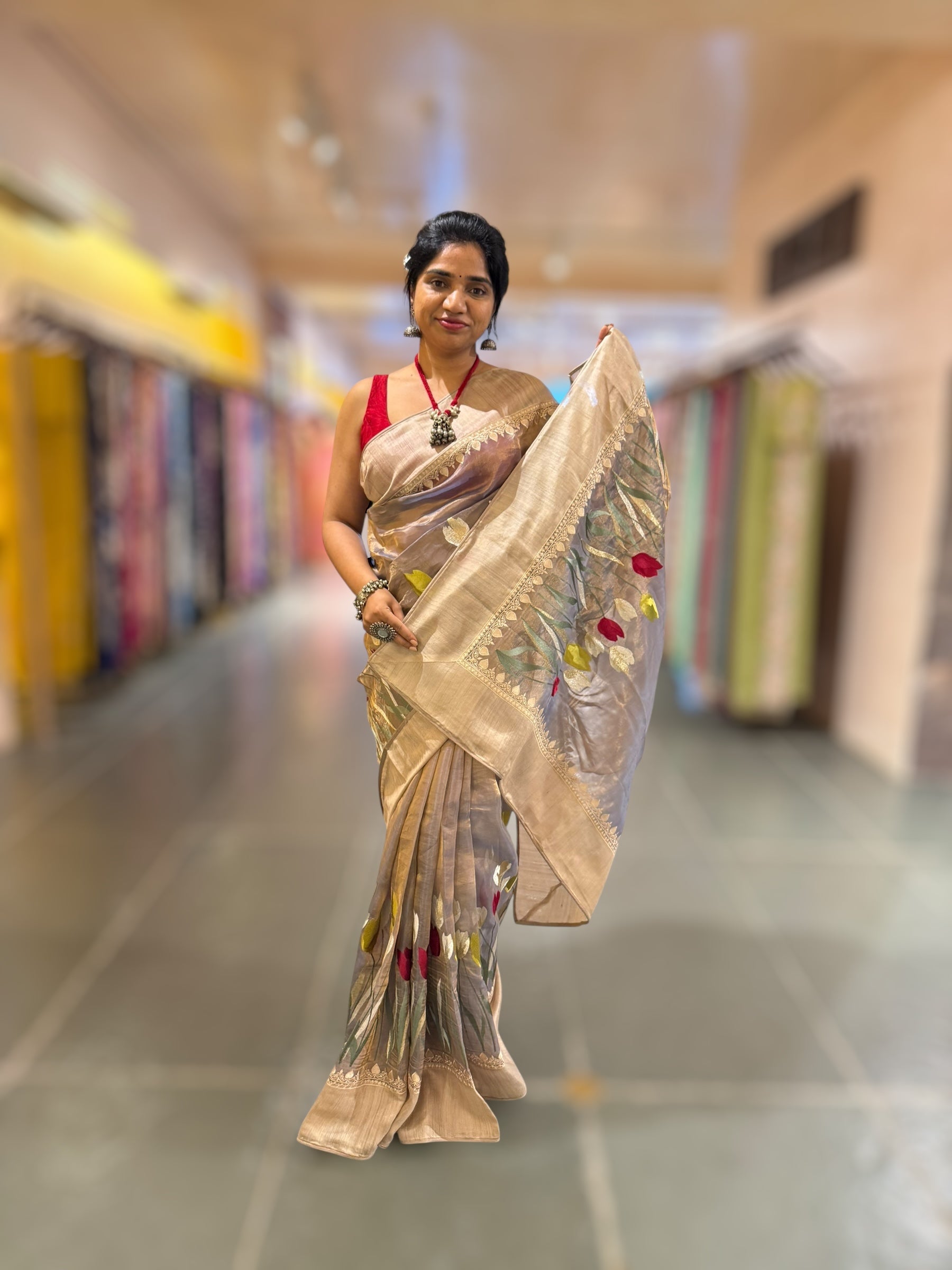 Violet Designer Handloom Tissue Saree With Tulip embroidery