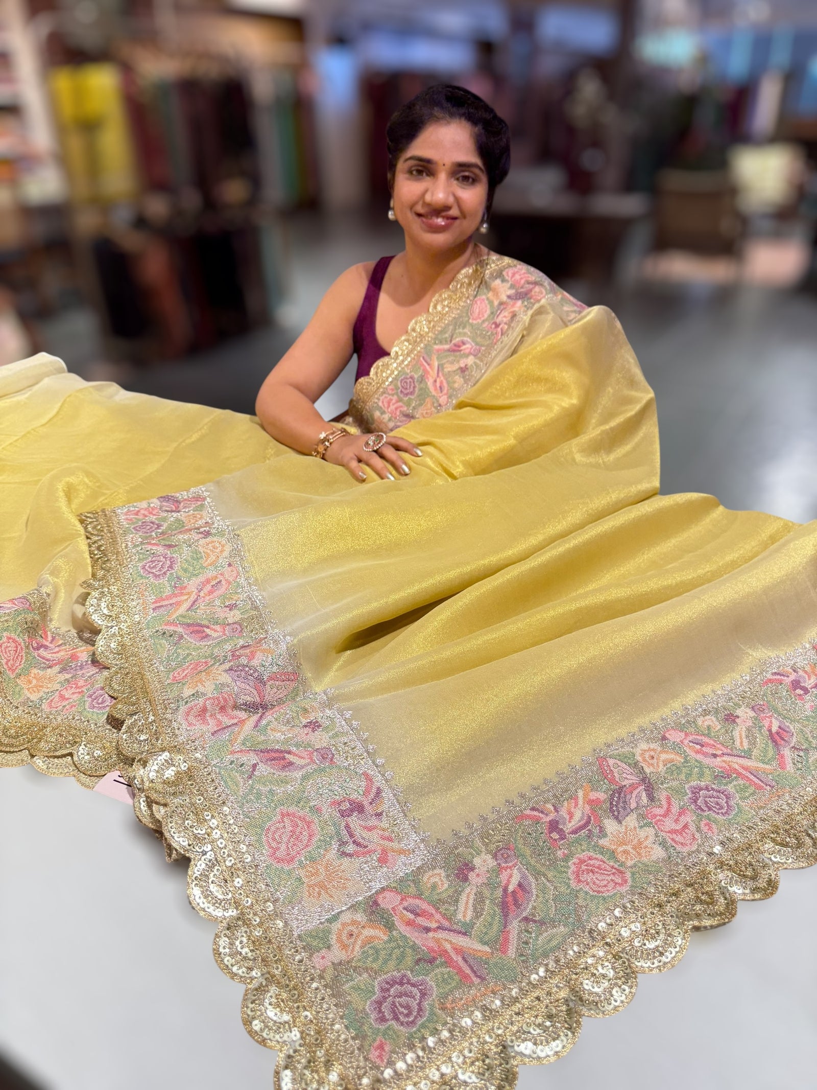Golden Yellow Tissue Gorgette Saree With Petite Point Embroidered Border