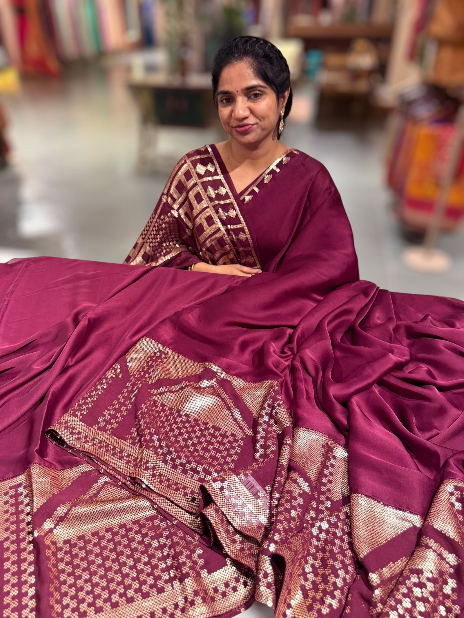 Wine pure Satin Saree with designer sequence border and blouse