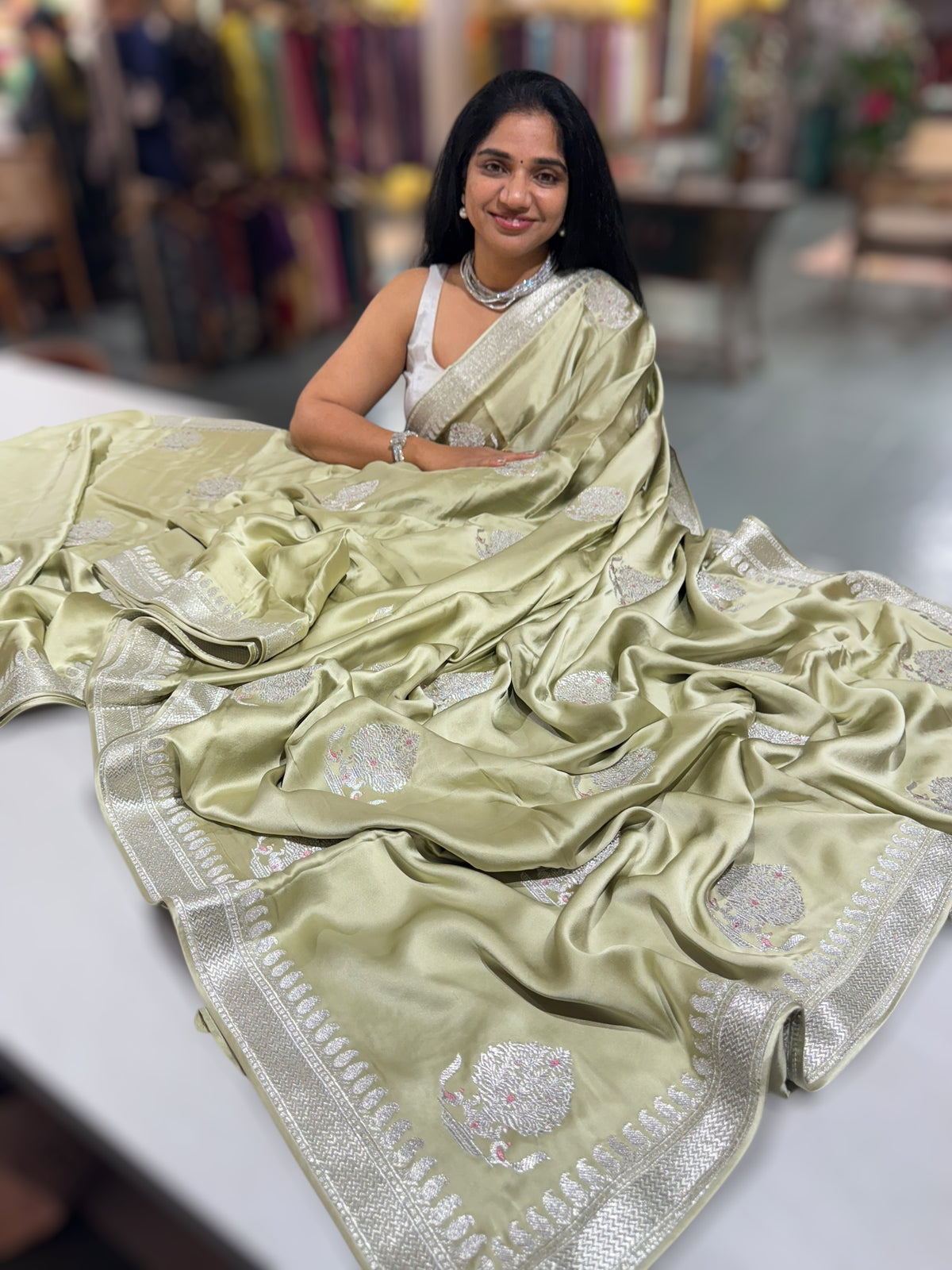 Light Pista Pure Satin Saree with Embroidery.