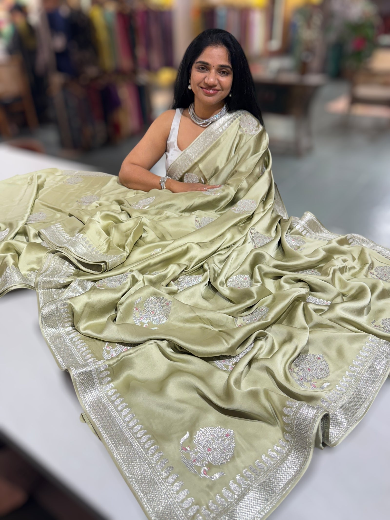 Light Pista Pure Satin Saree with Embroidery.