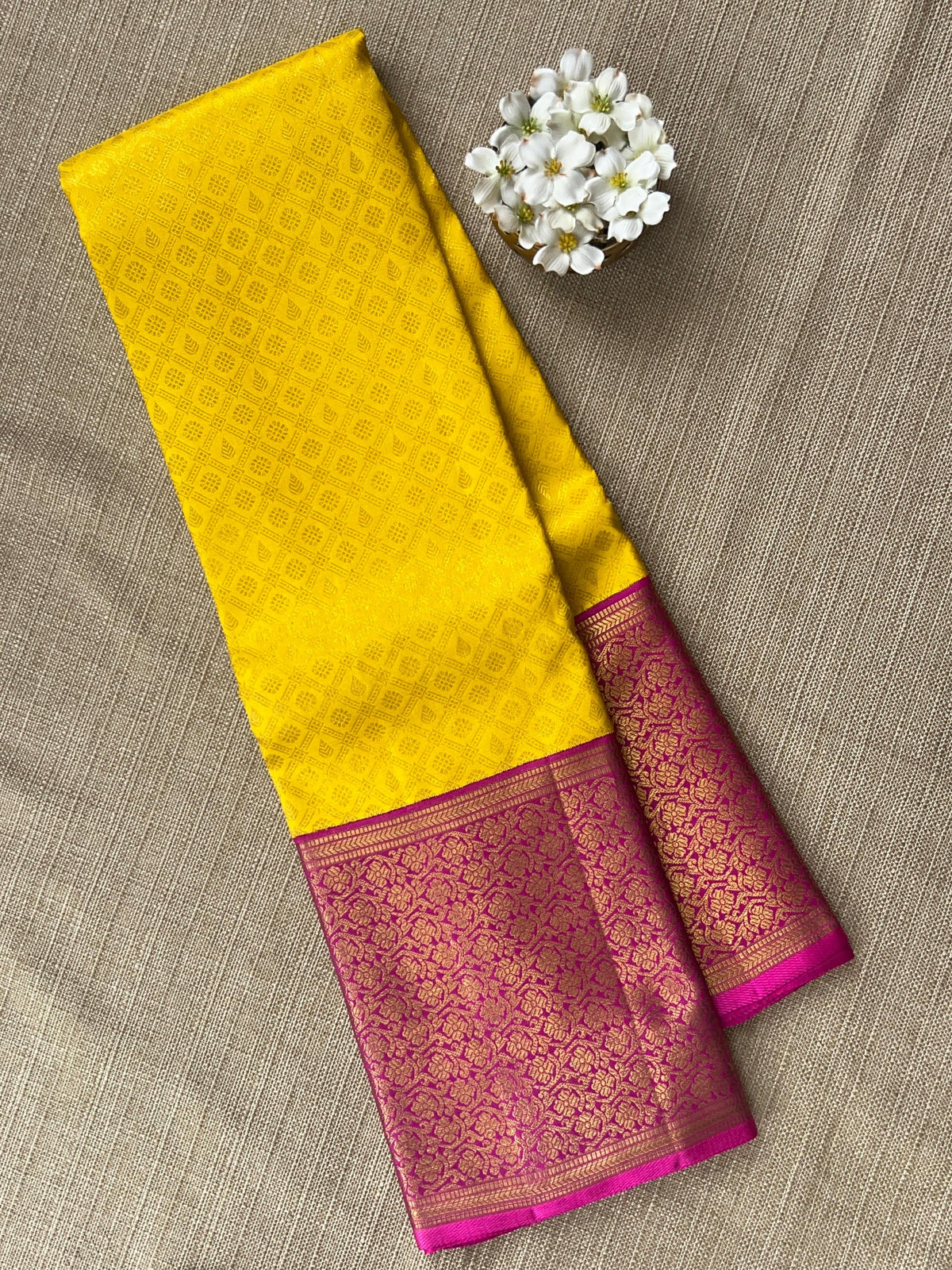 Yellow and Rani Pink Combo kanchi brocade designer kuttu border saree