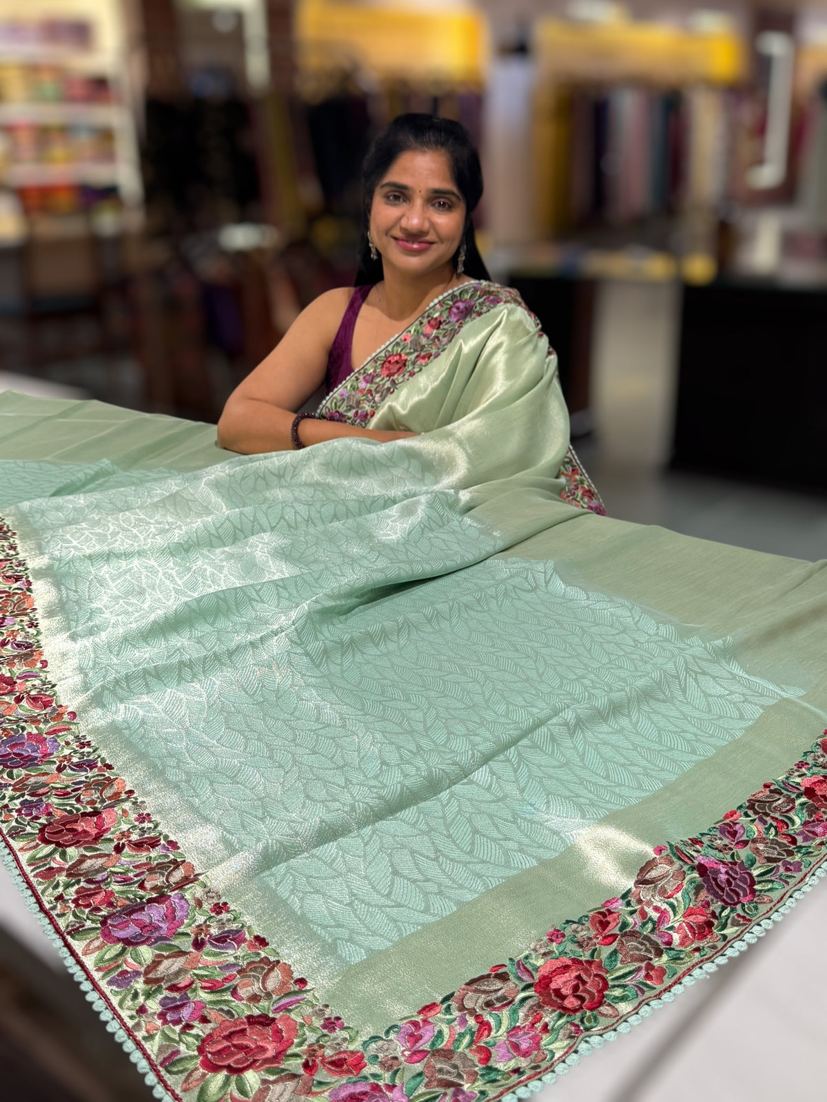 Mint Blue Banarasi Brocade tissue saree with tonchui style weaving and parsi gara embroidered border