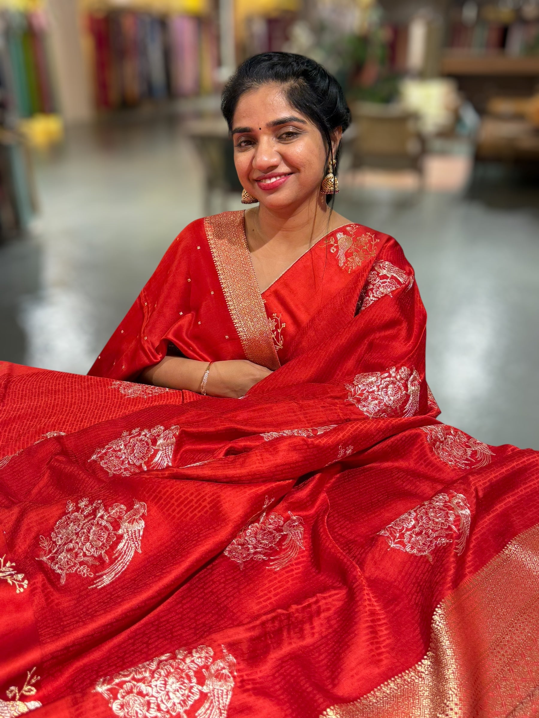 Orangish Red Designer Mashru Silk Saree