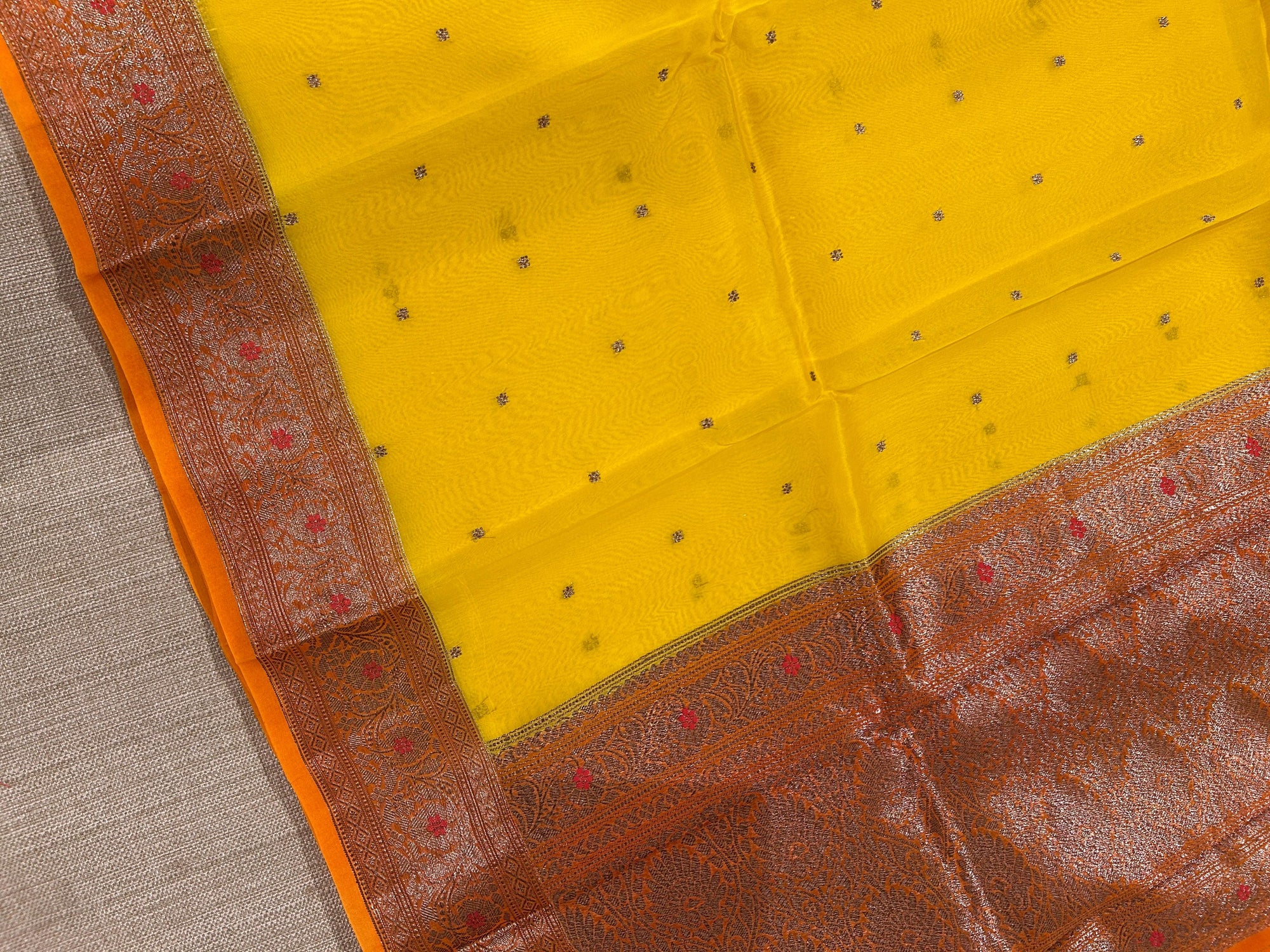 Yellow & Orange Combo Pure Handloom premium Kora Banarasi Saree with meenakari border