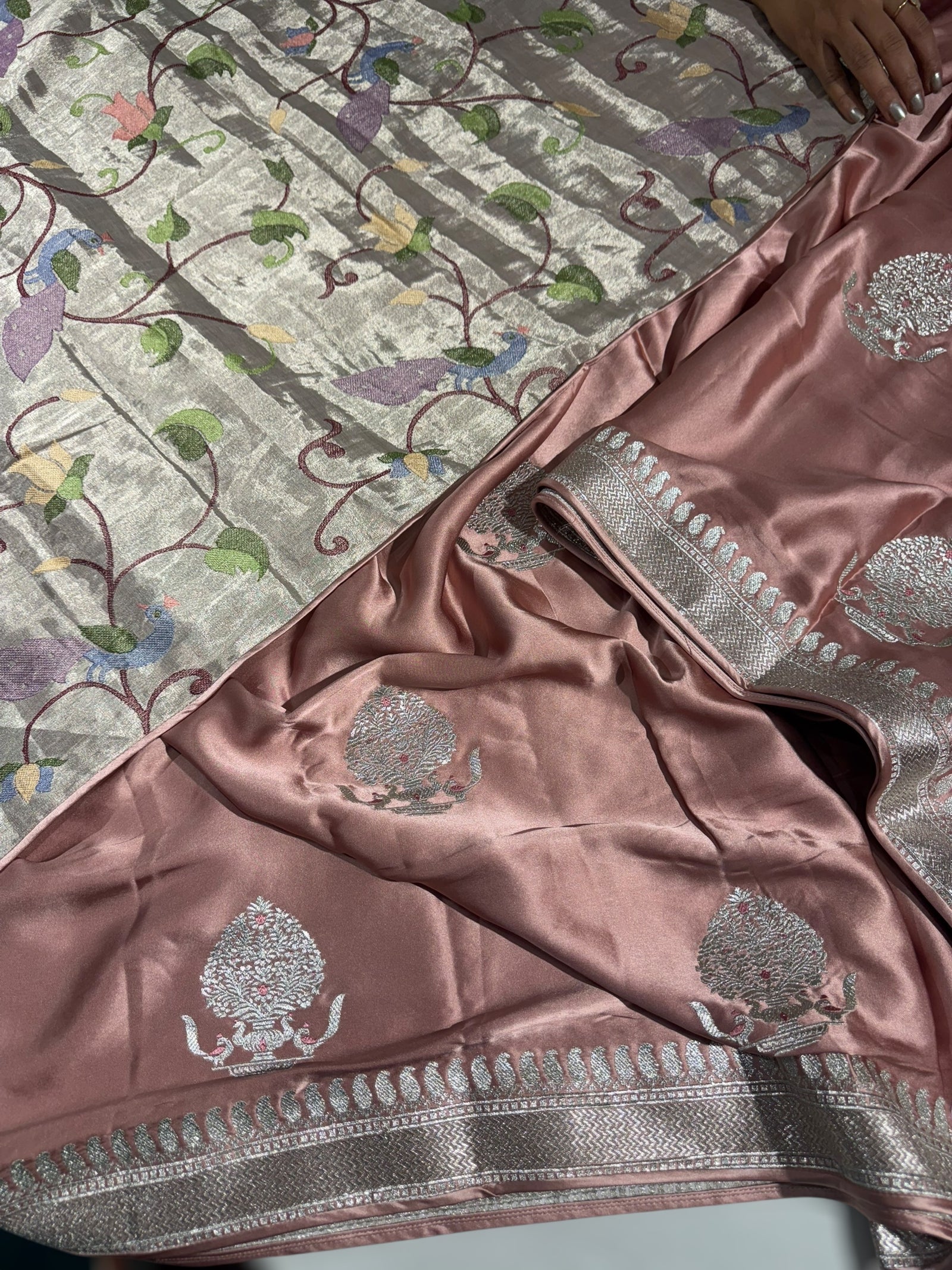 Onion Pink Pure Satin Saree with Embroidery.