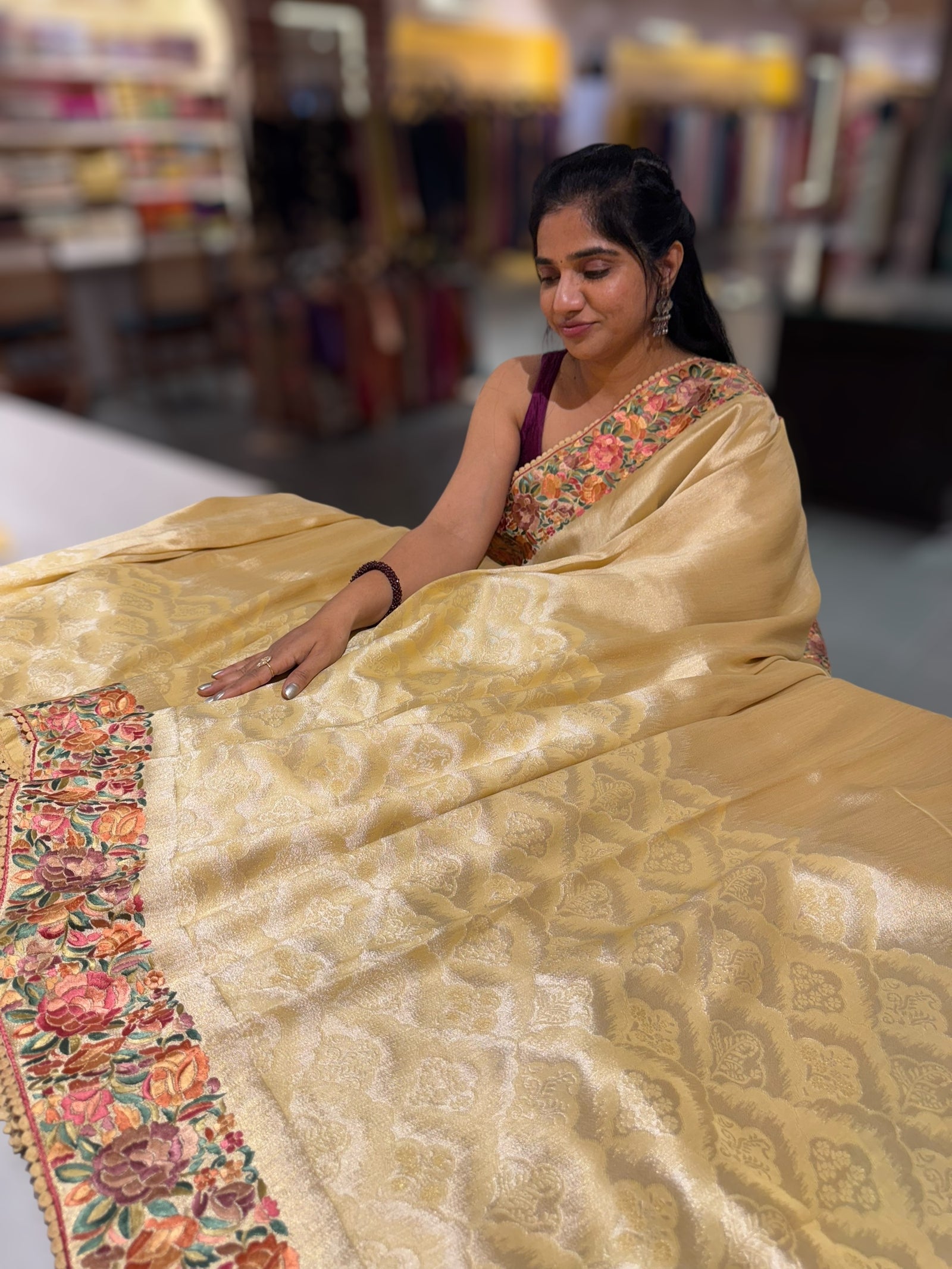 Pastel yellow Banarasi Brocade tissue saree with tonchui style weaving and parsi gara embroidered border