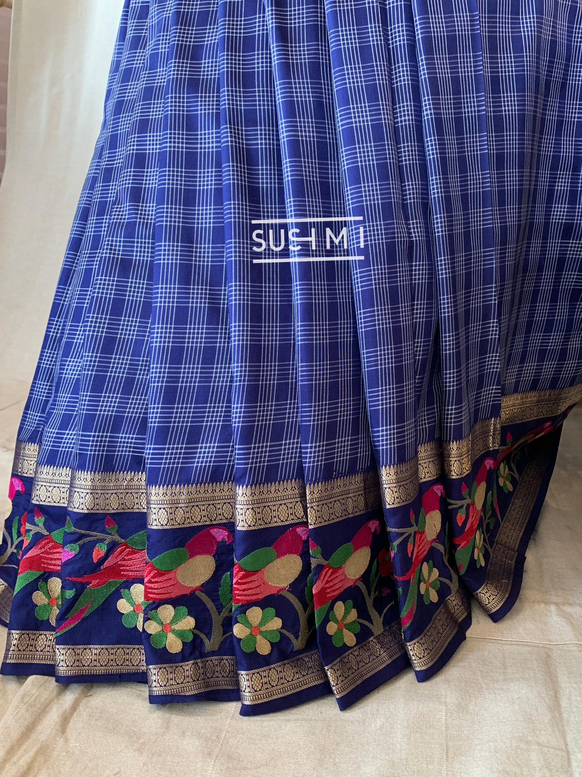 Midnight Blue Vintage checks Kanjeevaram soft silk saree with embroidery D62F040