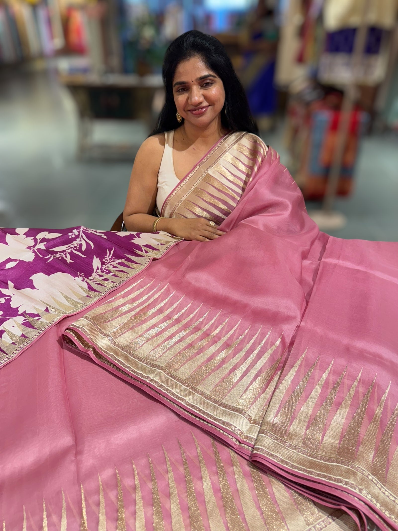 Blush Pink Pure Organza With Temple Embroidered Border & Tussar Printed Blouse