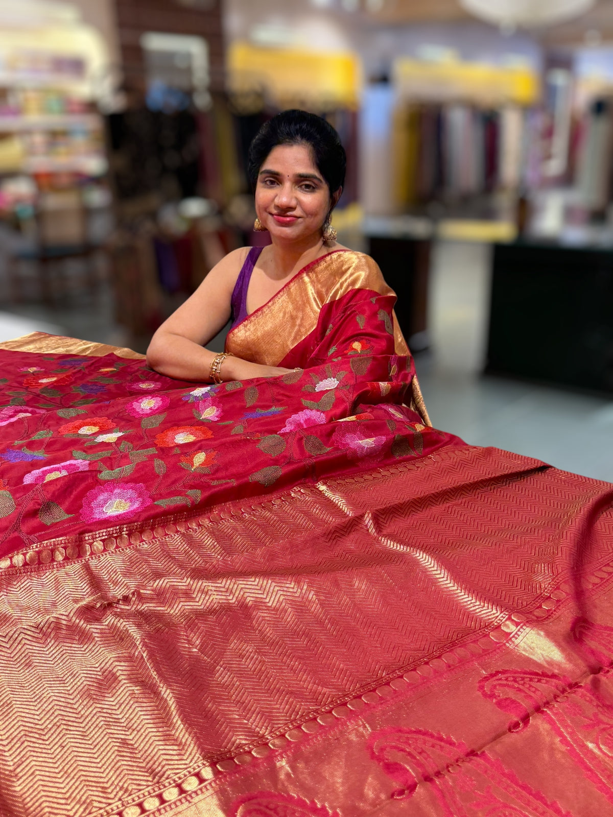 Maroonish Red Kanchi Soft Silk Saree with allover jamdani inspired embroidery