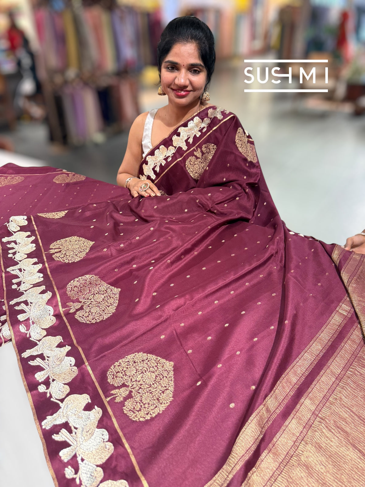 Winish Brown Mysore silk saree with woven motif and embroidered border : D62132