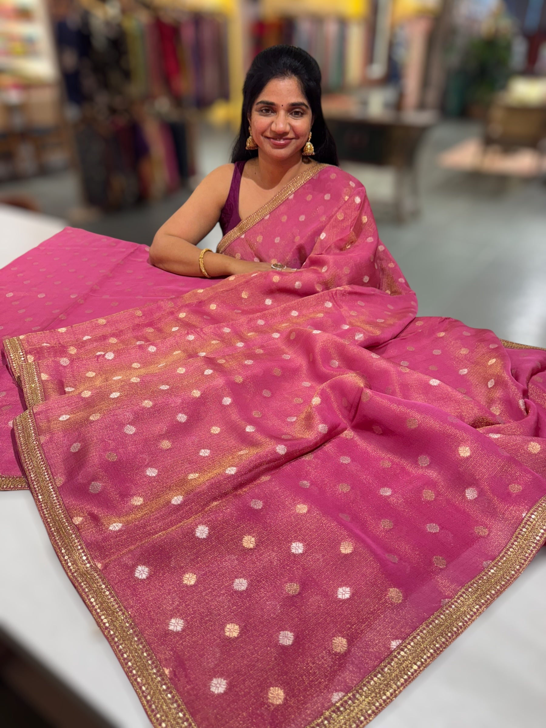 Ruby Pink tissue Kota saree with sabyasachi borders and fancy Pythani tissue blosue