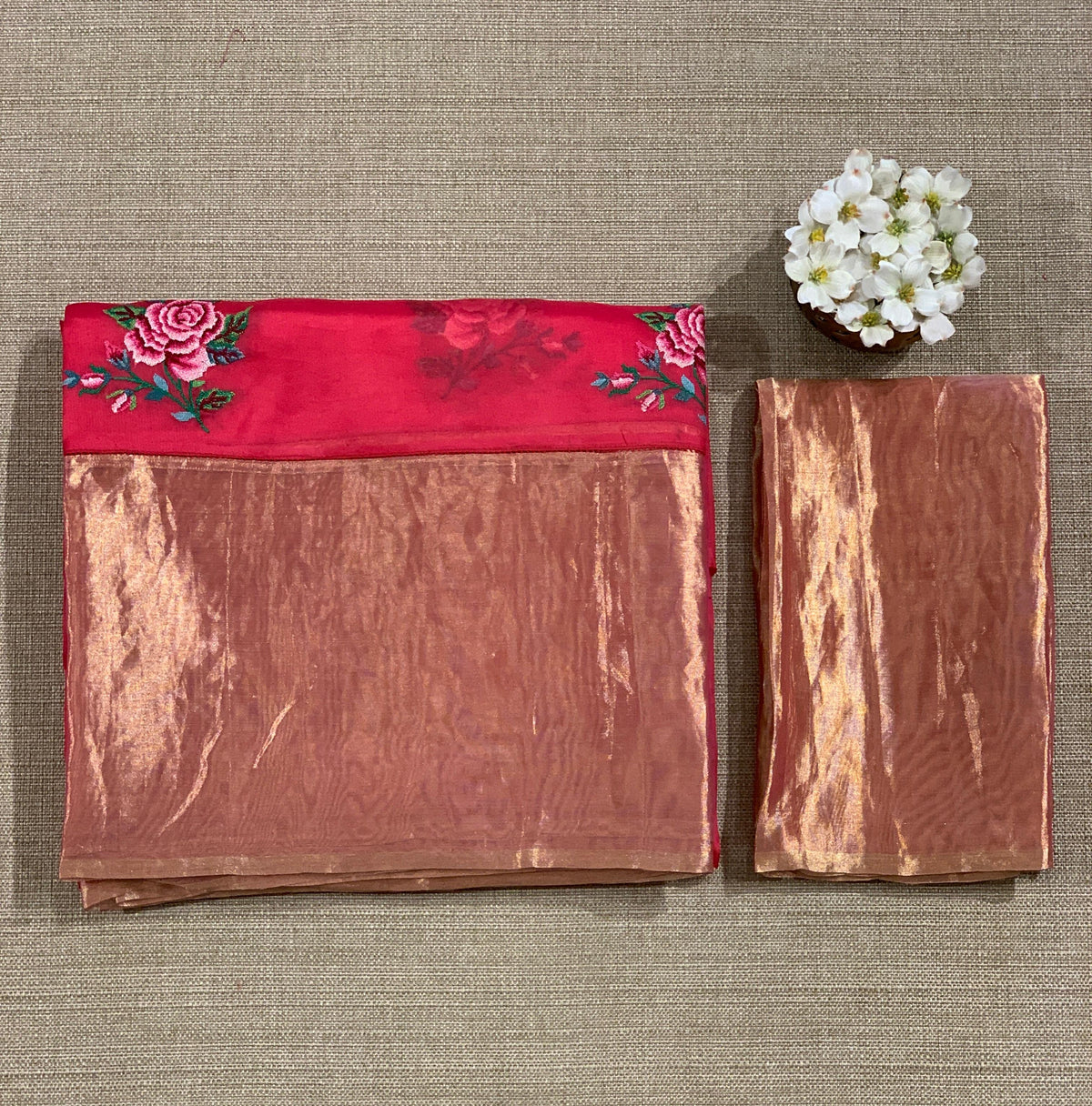 Pinkish Red Organza Saree with pure Tissue Border