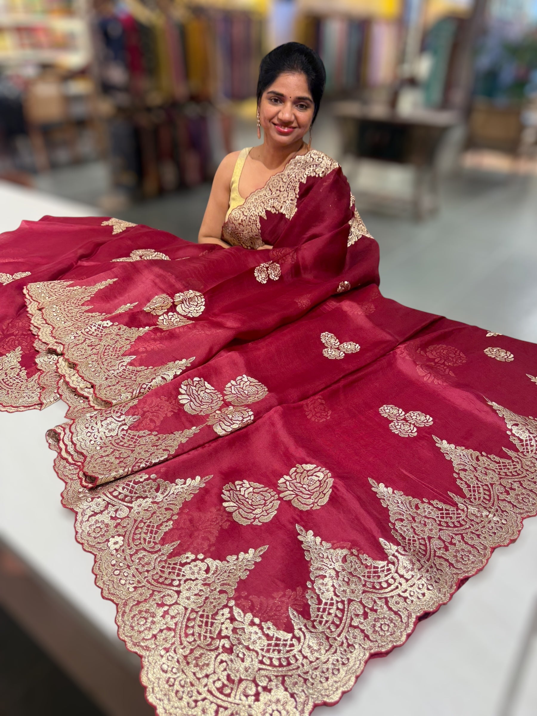 Meroon Organza Saree with stunning chantilly lace style  cutwork embroidered border
