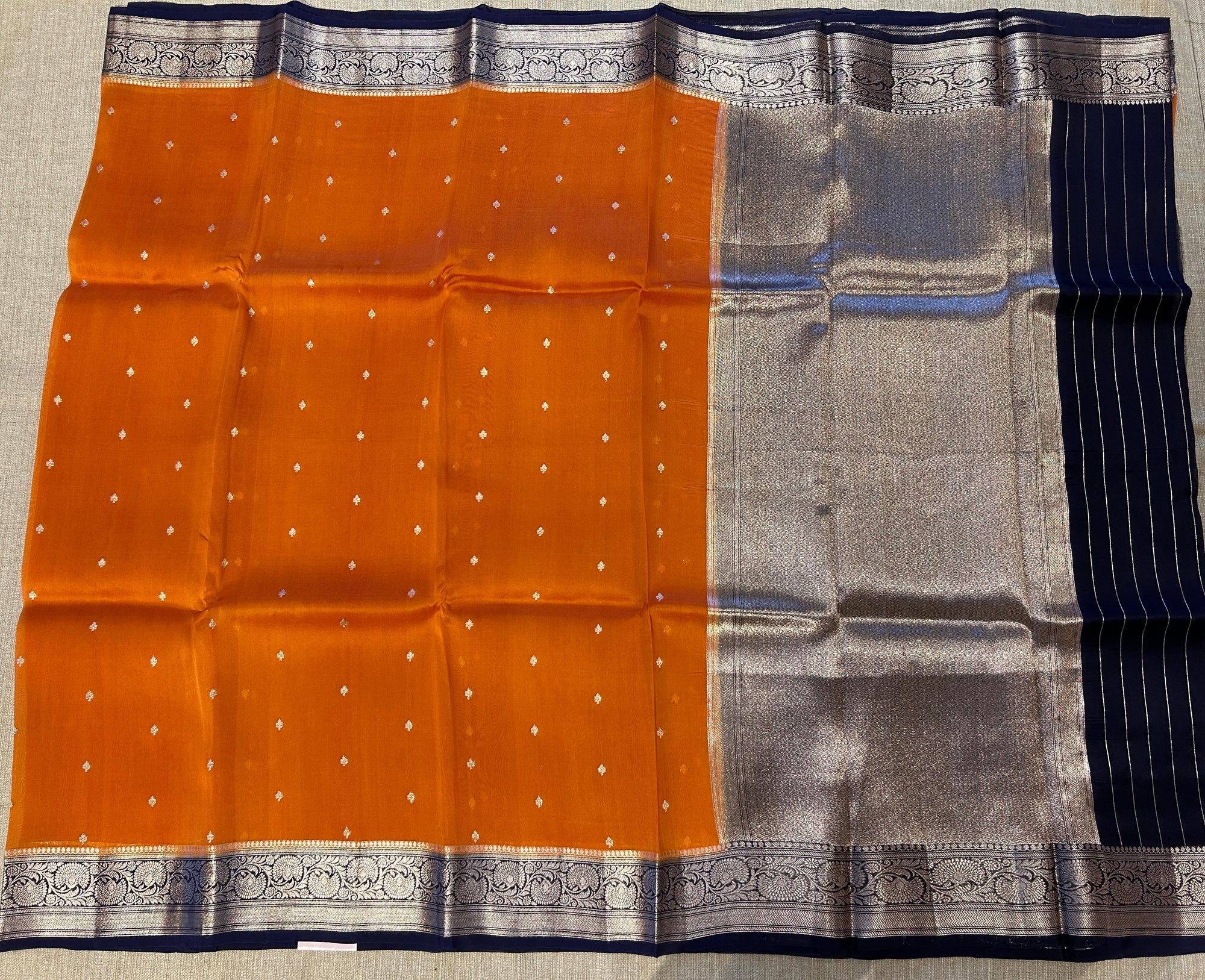 Rust with navy Combo Pure Handloom premium Kora Banarasi Saree