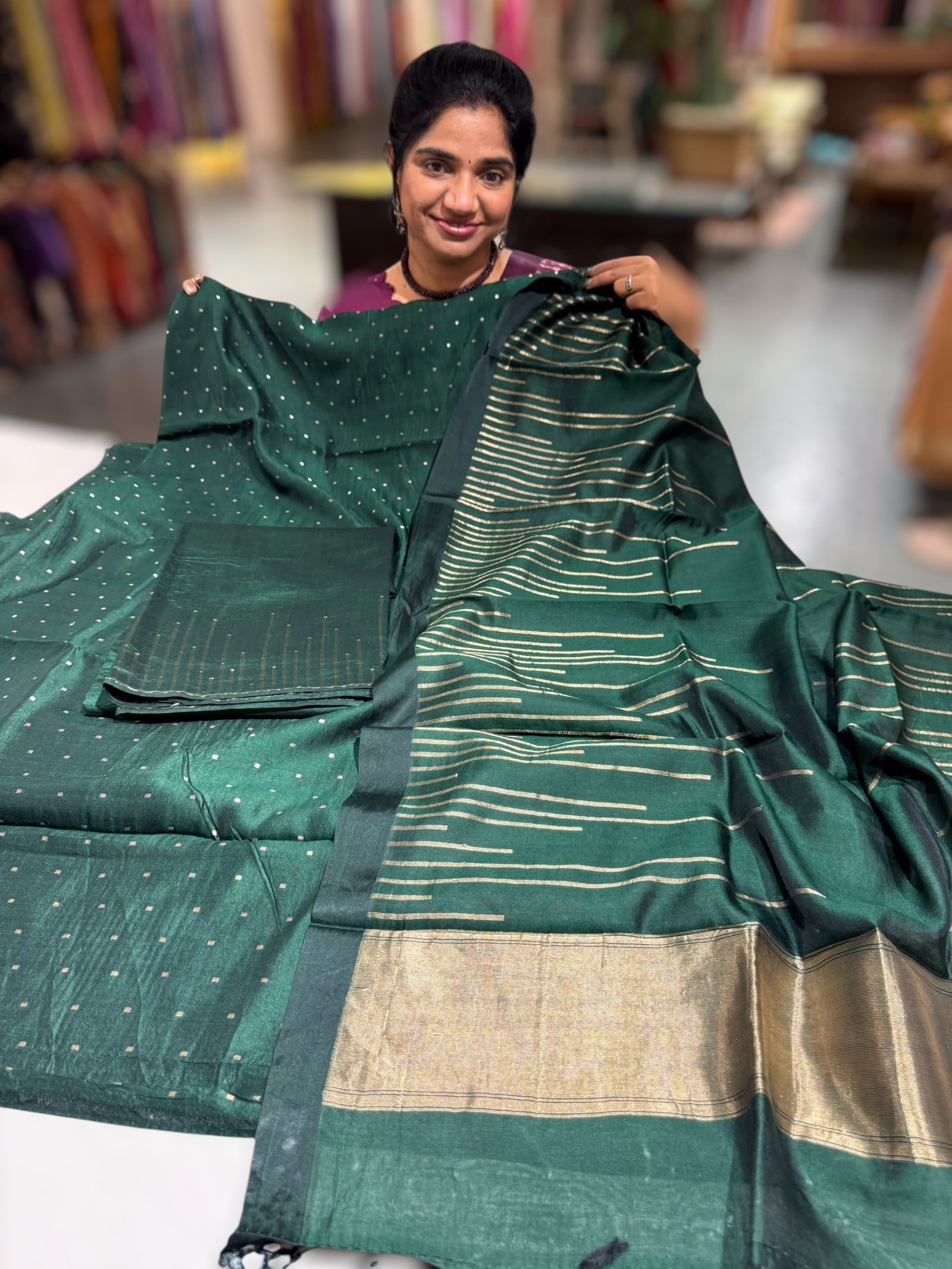Bottle Green Banarasi Handloom Chiniya Silk 3-pc Suit Set