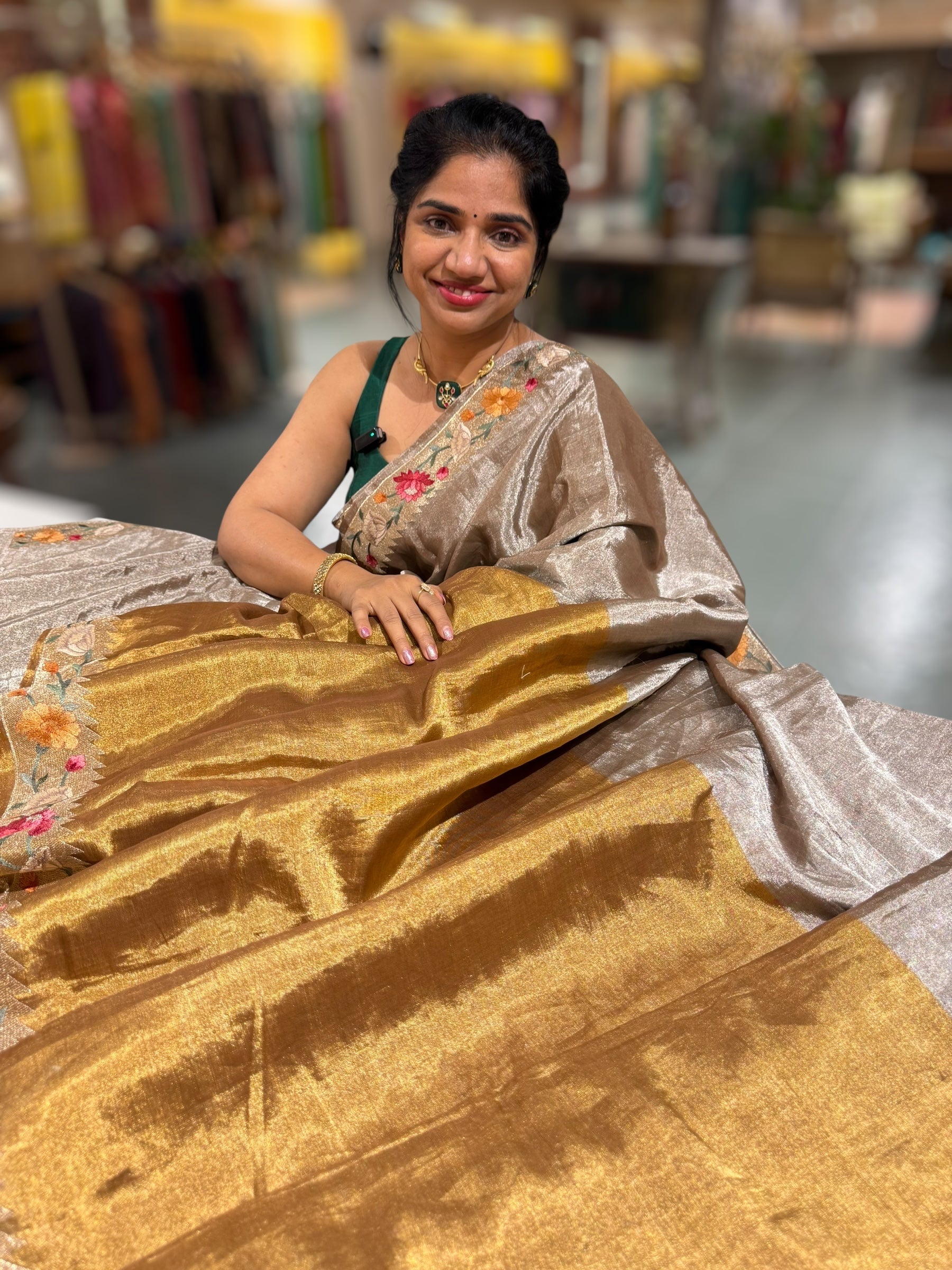 Handloom Tissue Saree with Paithani inspired embroidered border.