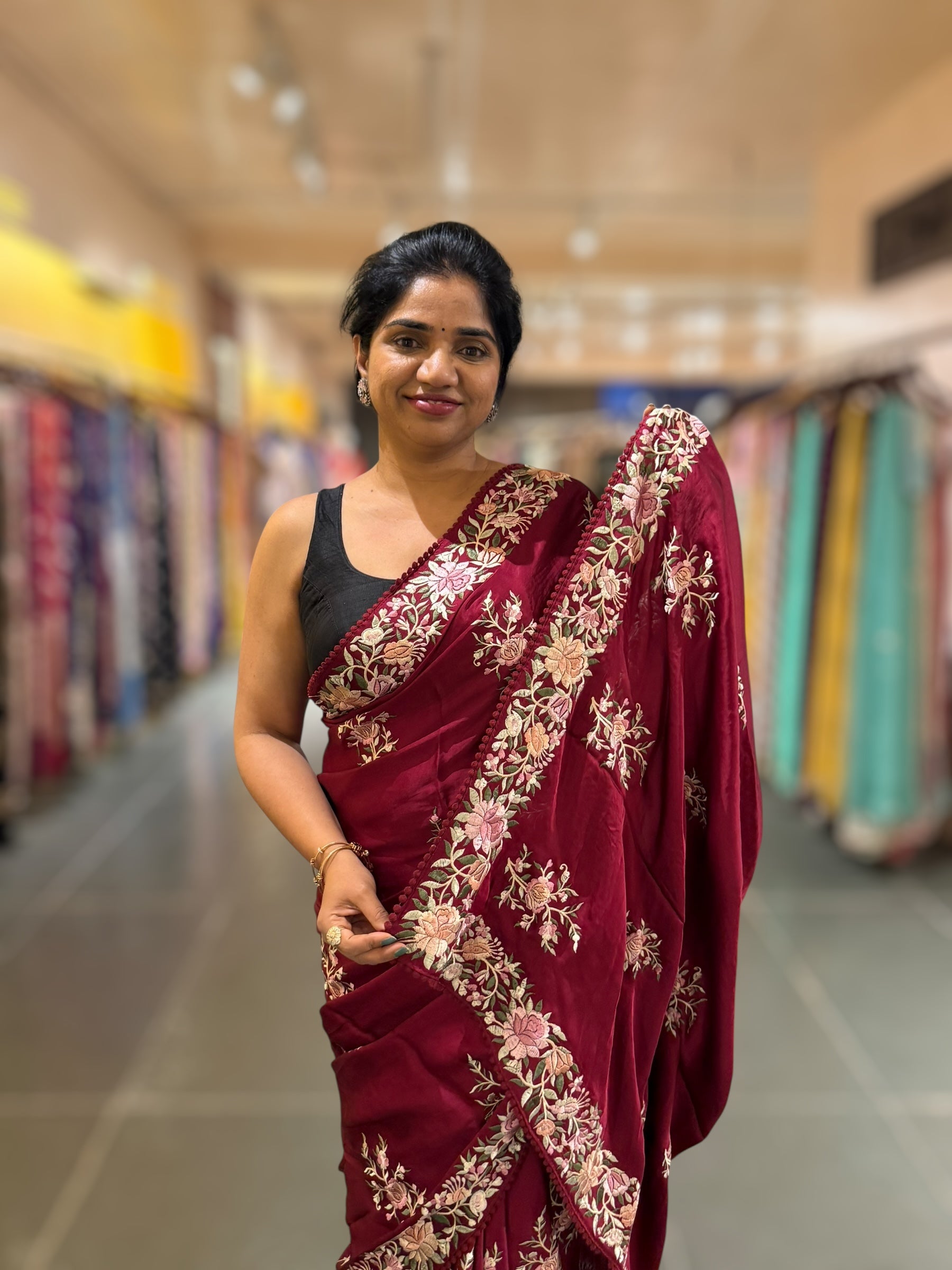 Burgundy Satin Saree with Parsi Gara embroidery