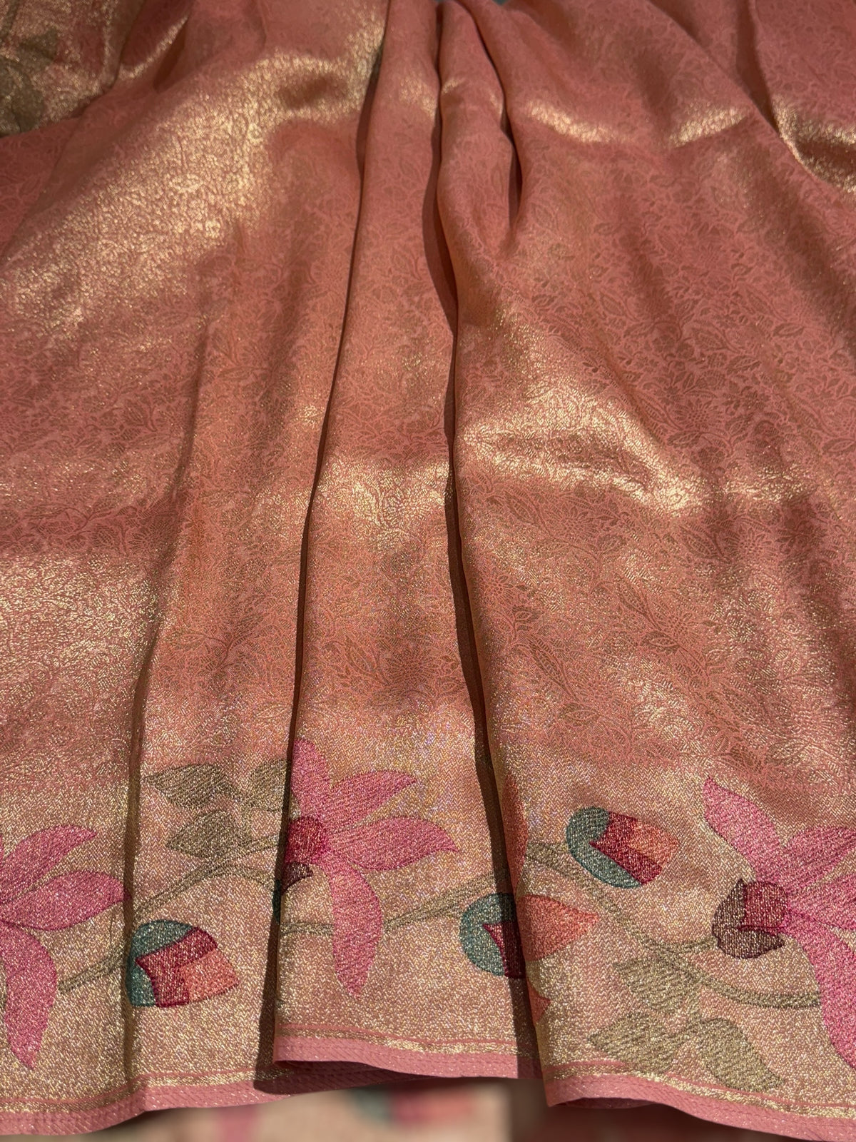 Peach Pink Banarasi Brocade tissue saree with tonchui style weaving & pythani inspired embroidered border