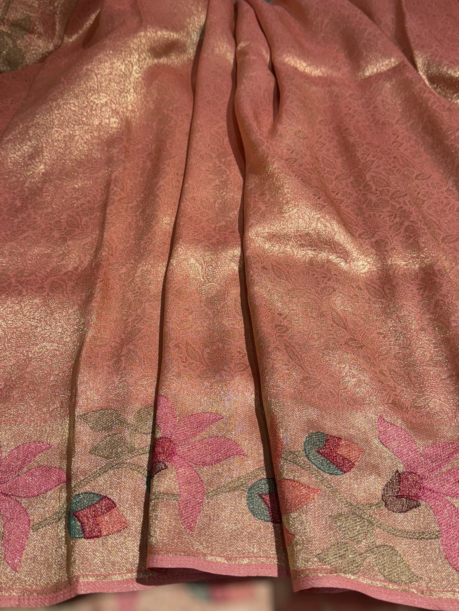 Peach Pink Banarasi Brocade tissue saree with tonchui style weaving & pythani inspired embroidered border