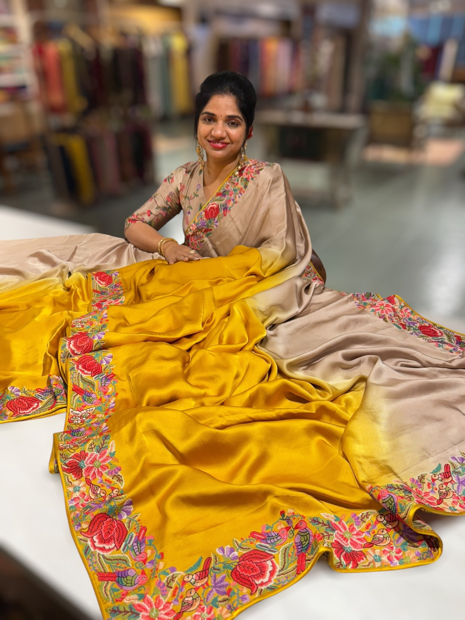 Pure Satin Ombre Dyed Saree with Petite Point Embroidered Border and blouse.