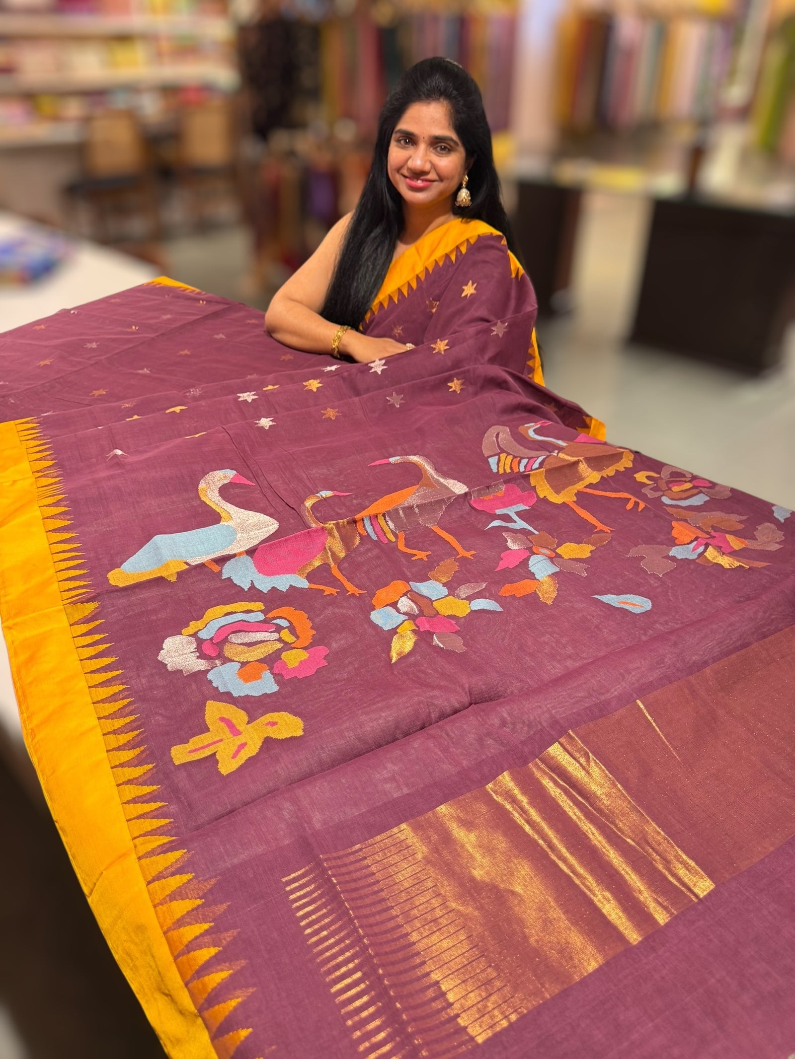 Winish Brown  Pure  handloom Ponduru Khadi jamdani Saree with swan pallu