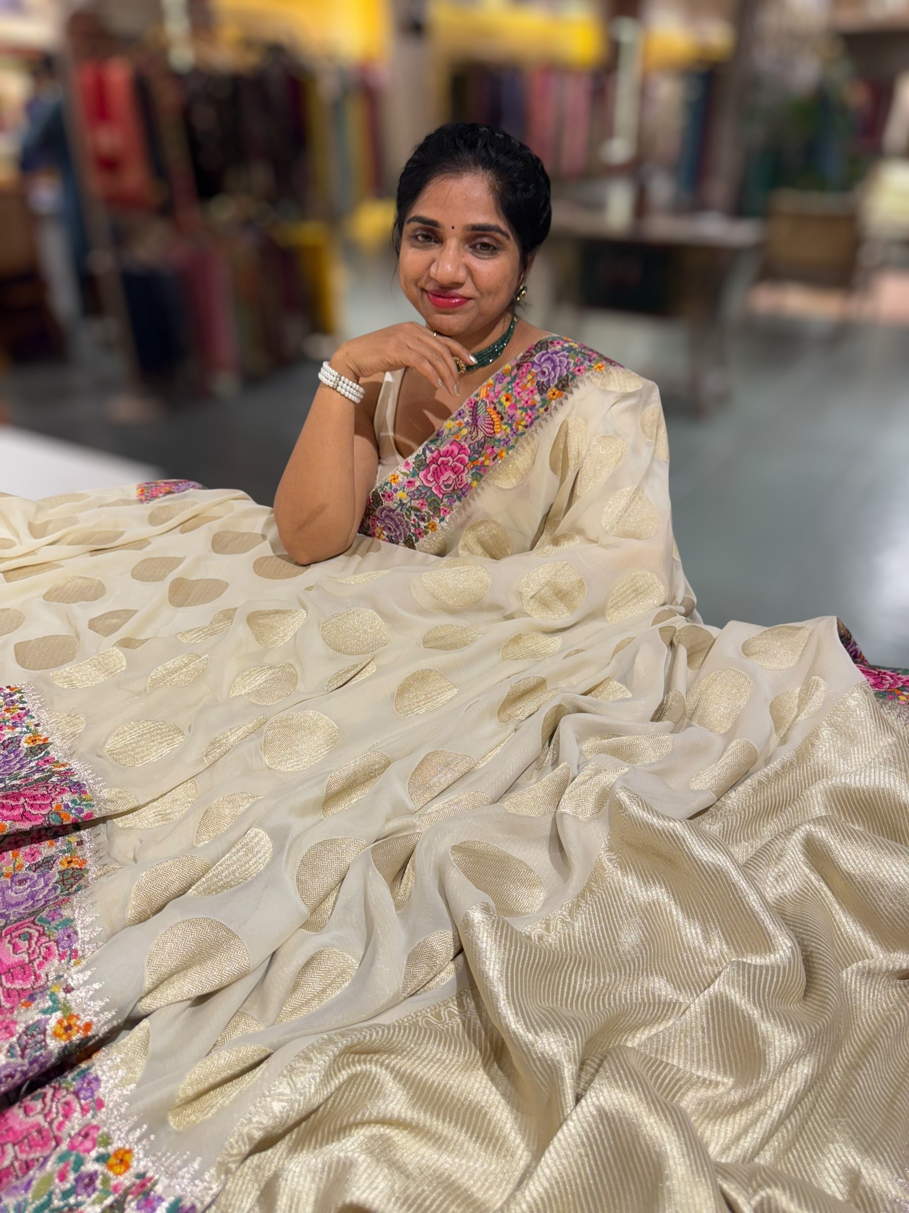 Halfwhite khaddi Chiffon Saree with allover zari weaving polka dots & Petite Point border