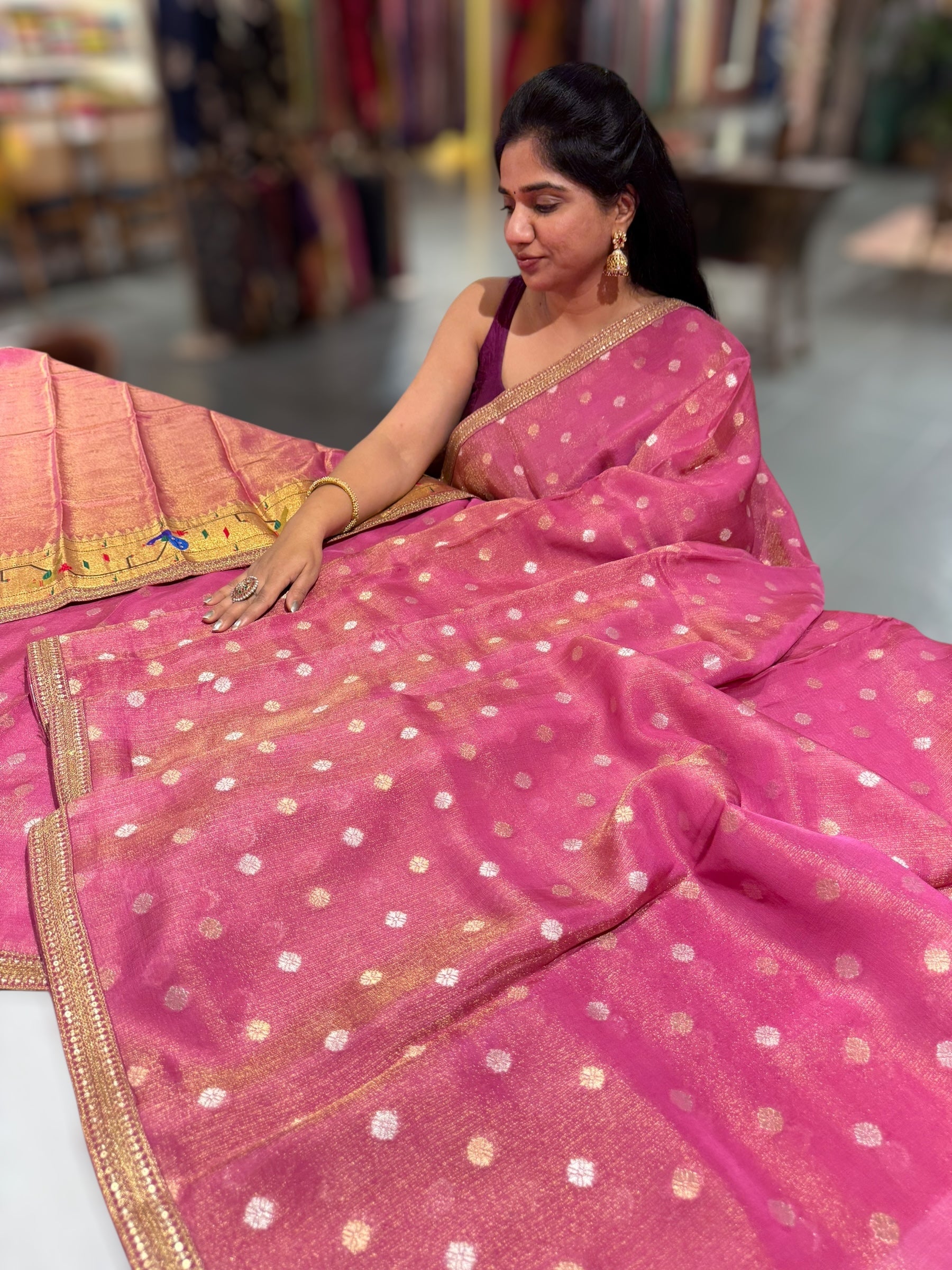 Ruby Pink tissue Kota saree with sabyasachi borders and fancy Pythani tissue blosue