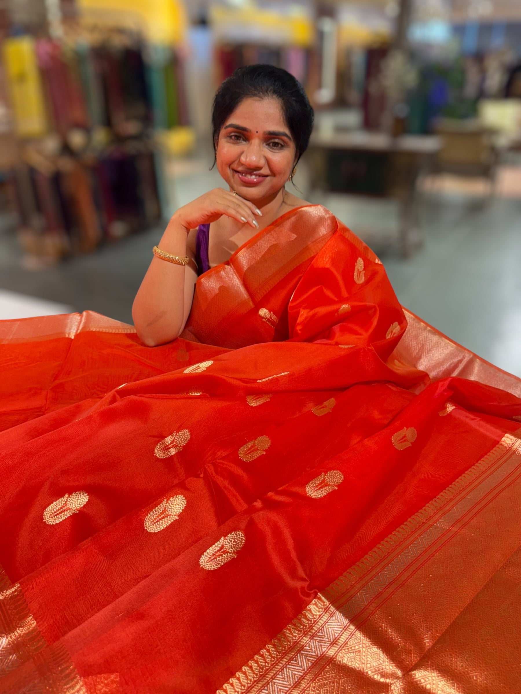 Dark Orange Premium Kora Banarasi Saree with heavy weaving borders and Raw mango style motifs