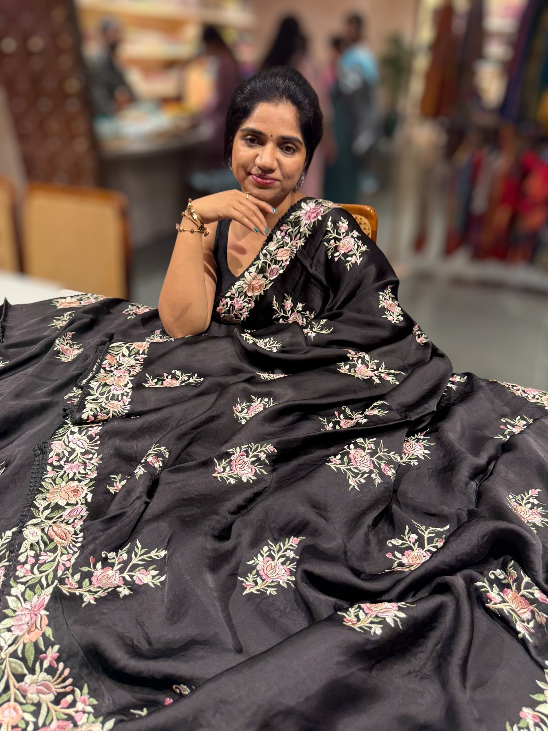 Black Satin Saree with Parsi Gara embroidery