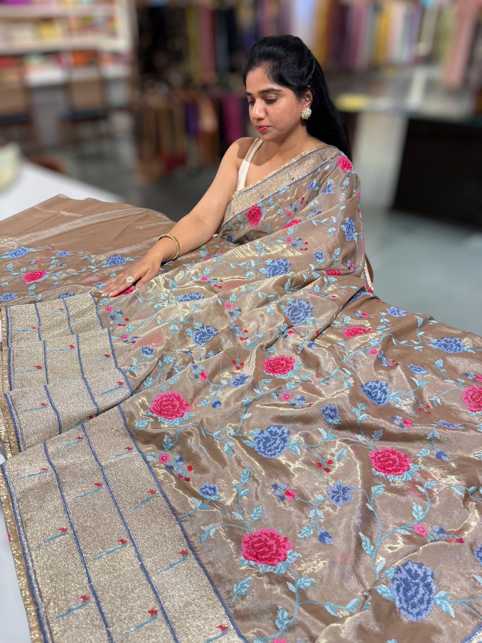Earthy tone Tissue Saree with embroidery