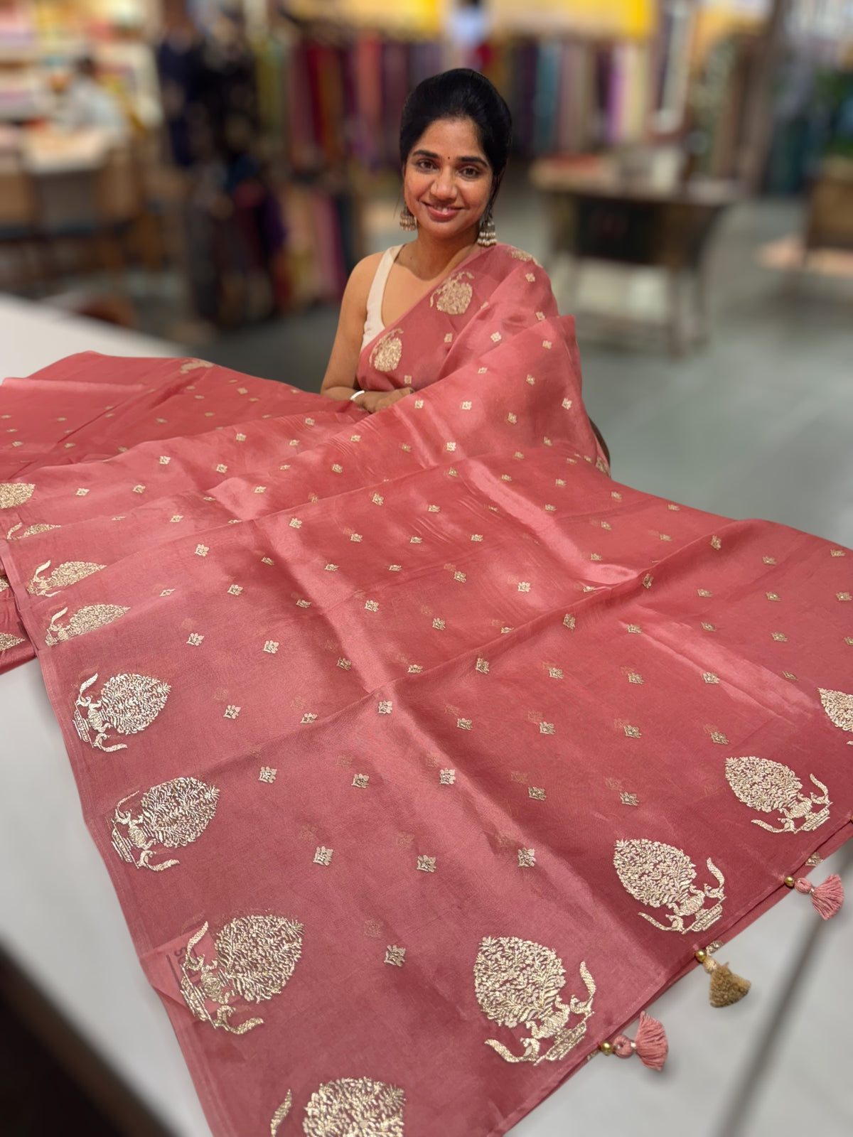 Dark Onion Pink Organza Saree With Embroidery & Tussar Printed Blouse
