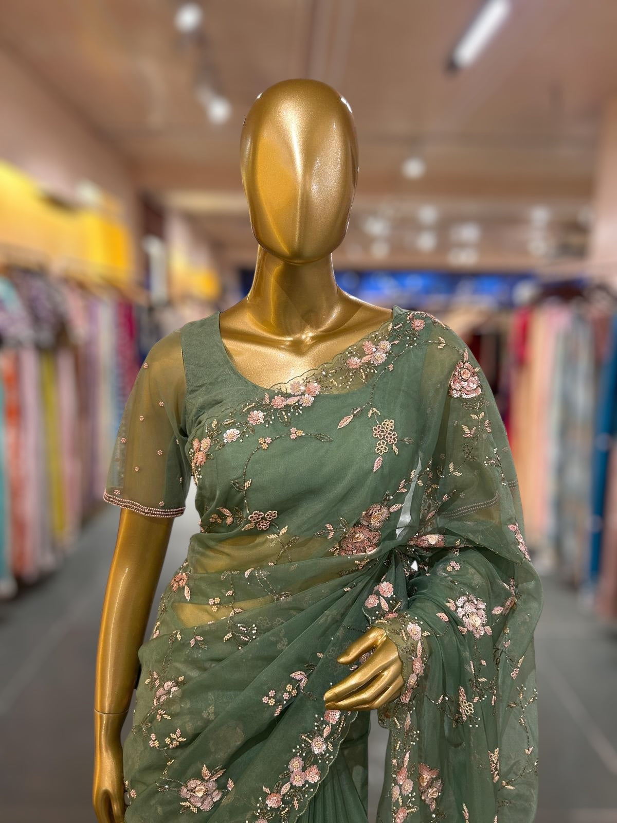 Sage Green Organza allover heavy handwork saree with ready to wear blouse