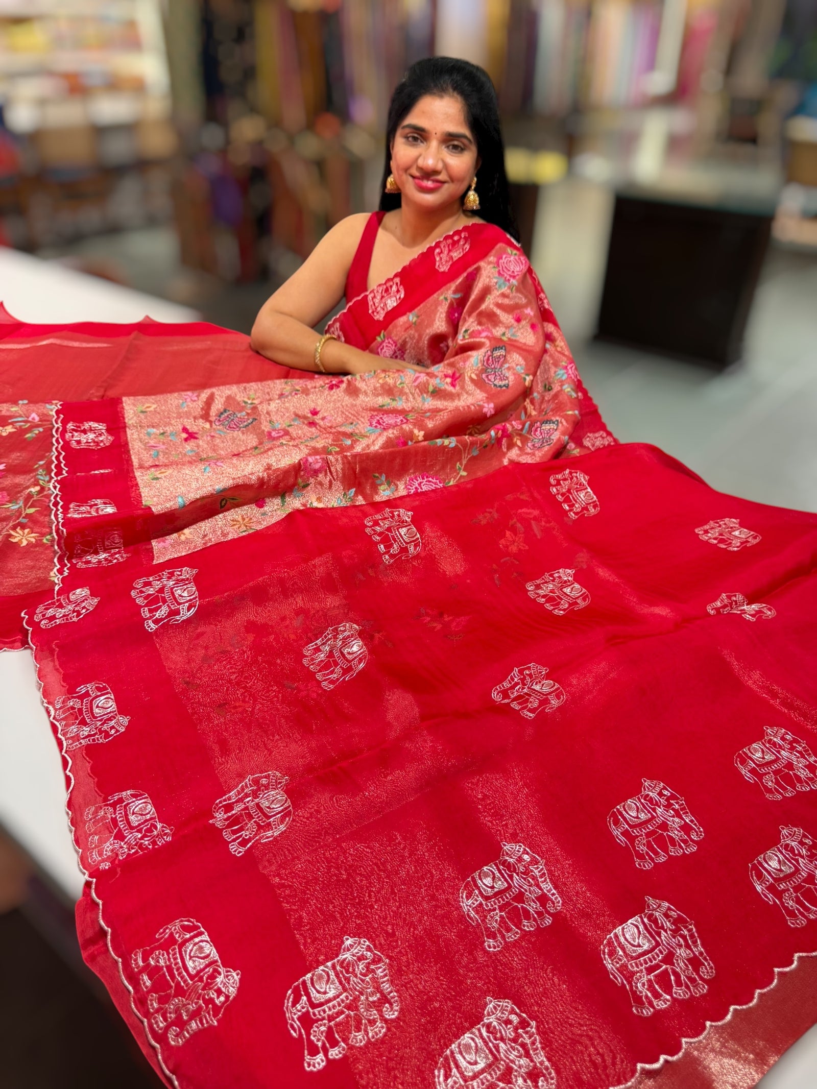 Red Premium Handloom Designer Tissue saree with exquisite embroidery