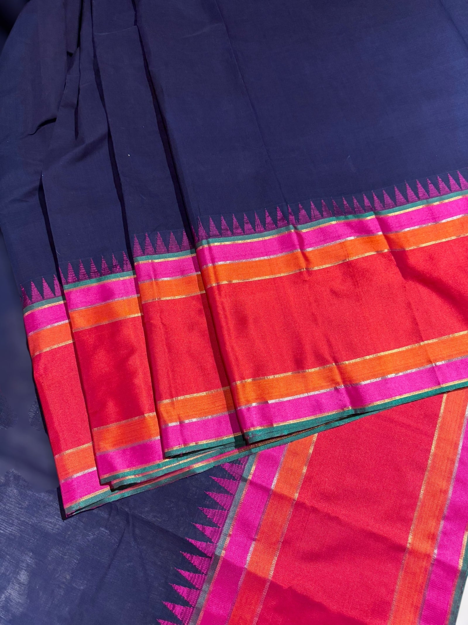 Midnight Blue Ponduru Khadi Saree in 80’s Count with Kanchi Style borders