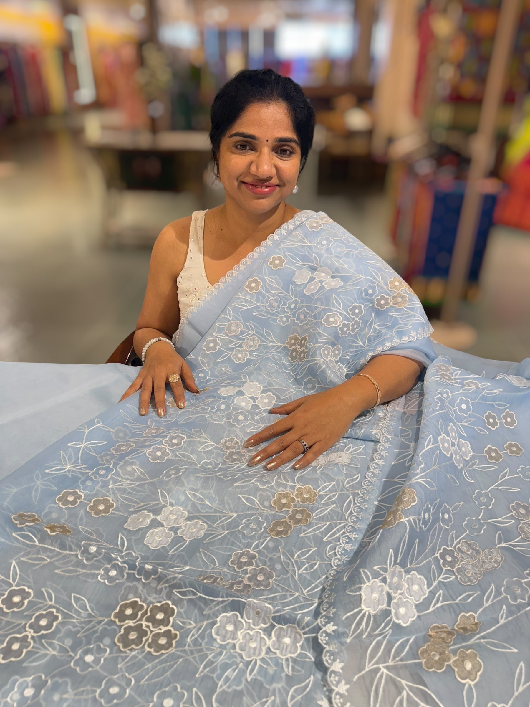Light Cobalt Blue Organza Saree With Tissue Applique Work