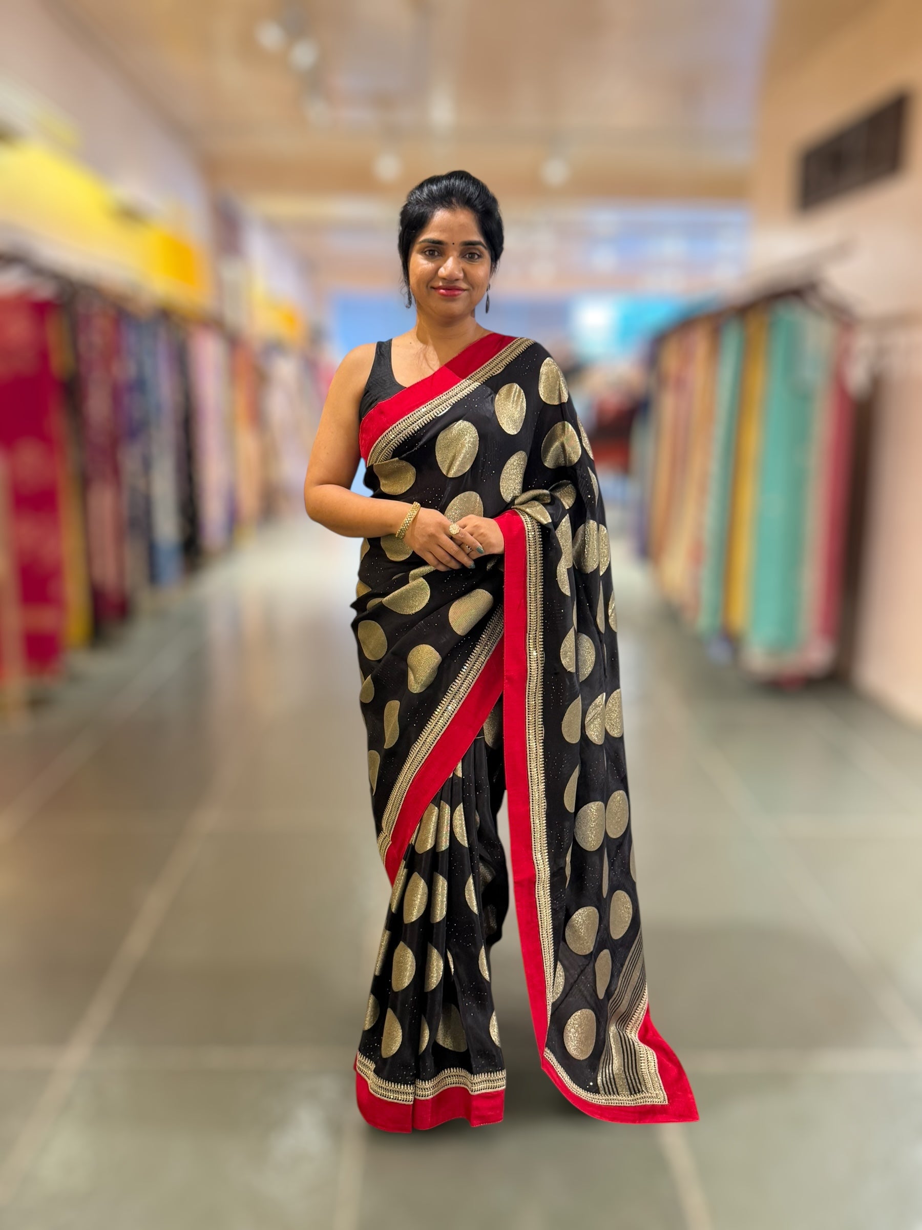 Black Crepe Silk Polka dot Saree with sabhyasachi Borders & Blouse