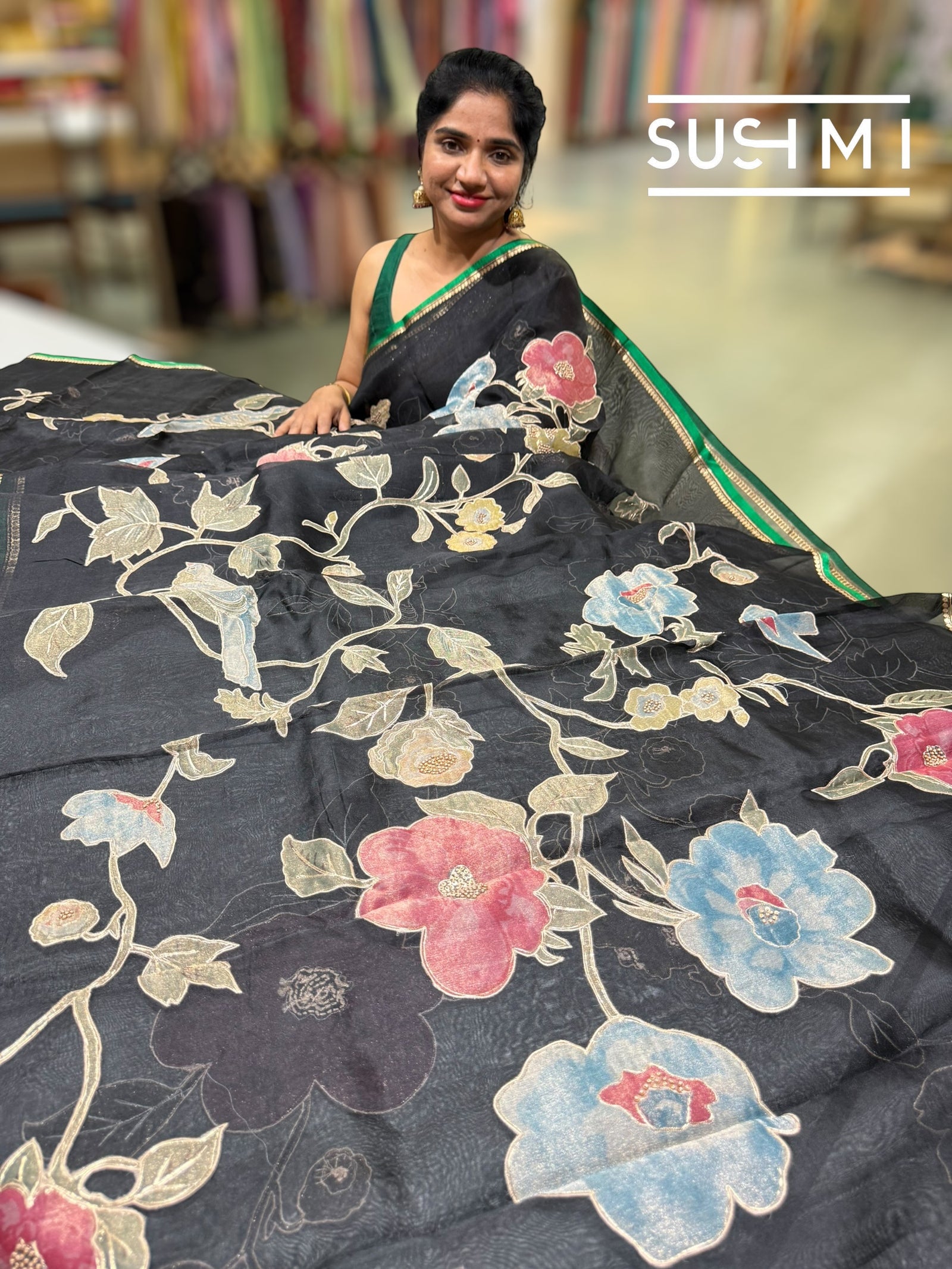 Black Designer Organza with Tissue applique work : S62F094