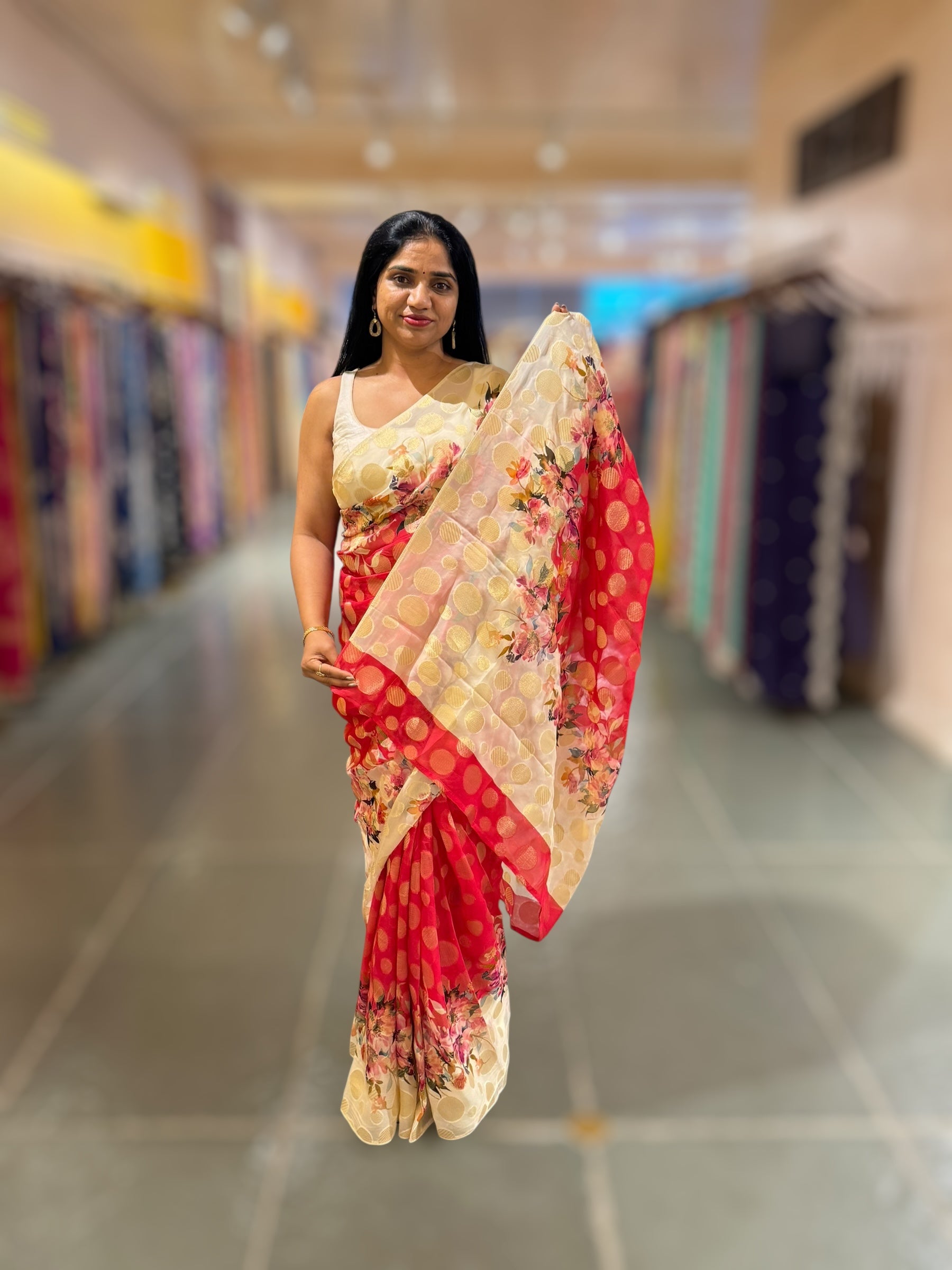 Tomato Red Banarasi Kora Gorgette Polka dot Printed Saree