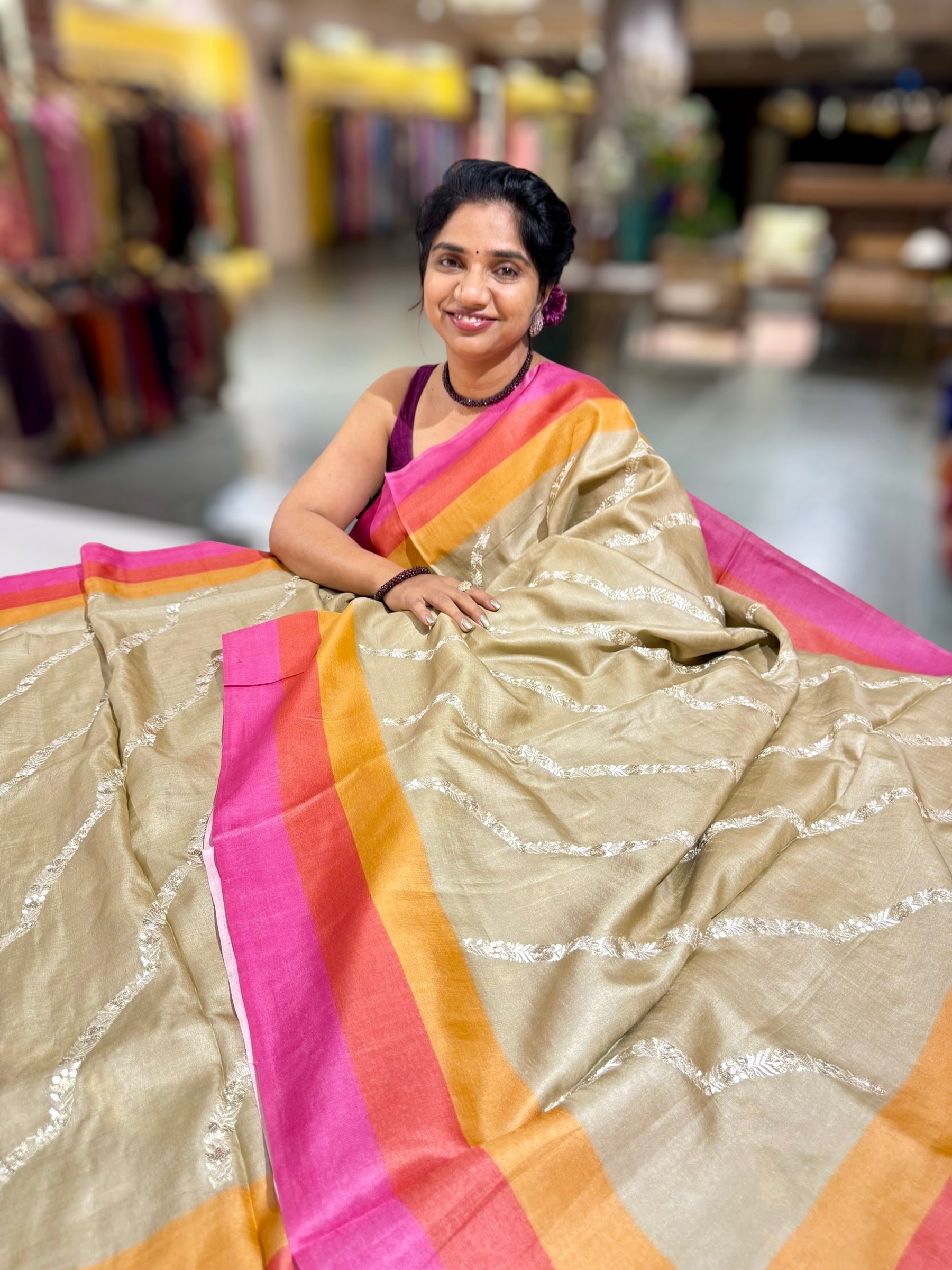 Golden Beige Embroidered Tussar Saree