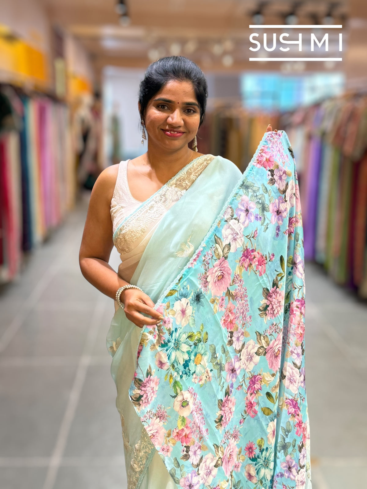 Pastel Blue ombre dyed pure chiffon saree with parsigara embroidery : S62F070