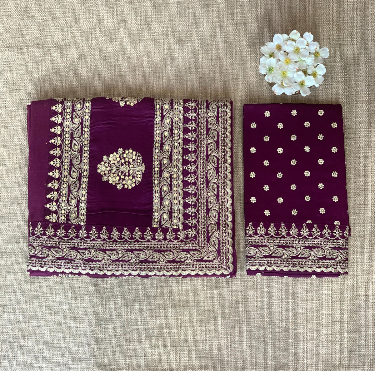 Wine Pure Organza Saree with allover mukaish work & sabyasachi borders