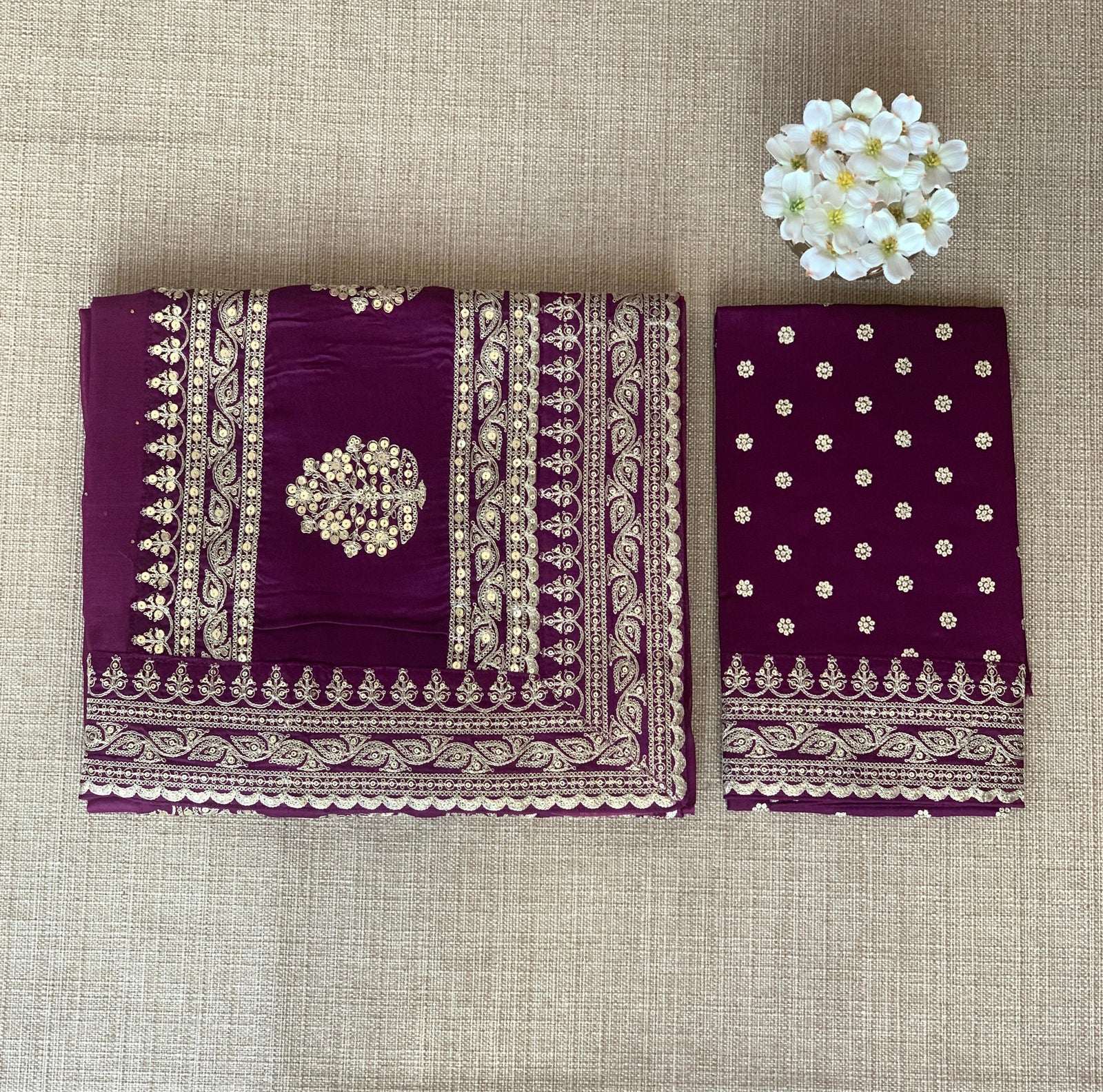 Wine Pure Organza Saree with allover mukaish work & sabyasachi borders