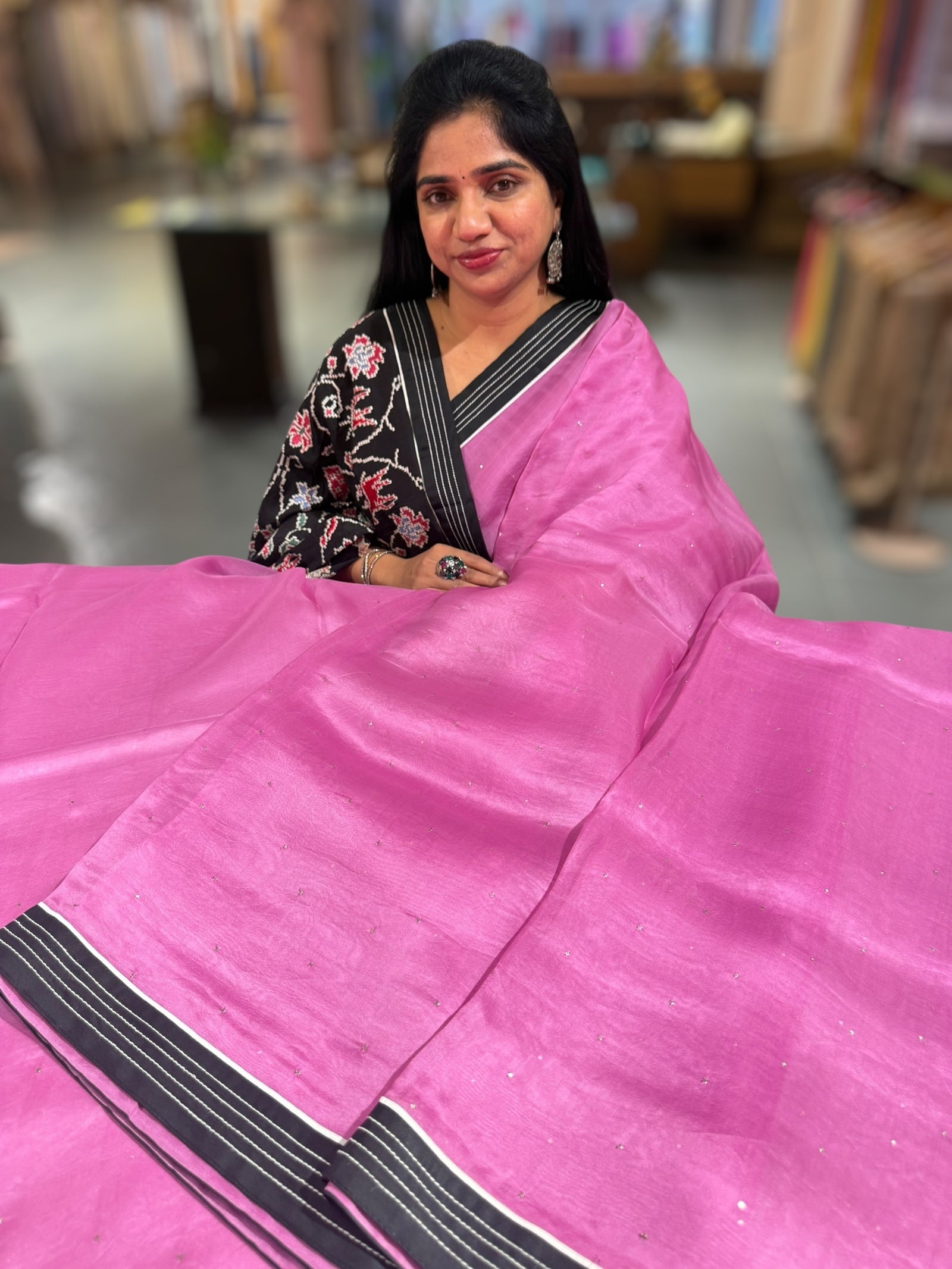 Rose Pink Organza Saree with embroidered blouse